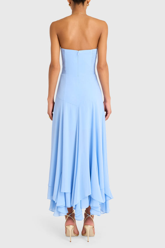 strapless blue miidi dress