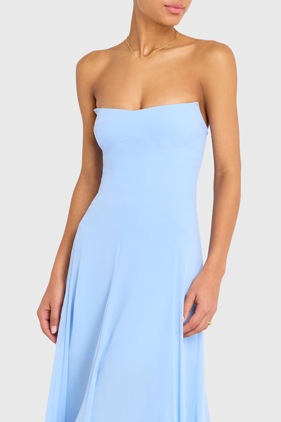 strapless blue midi dress