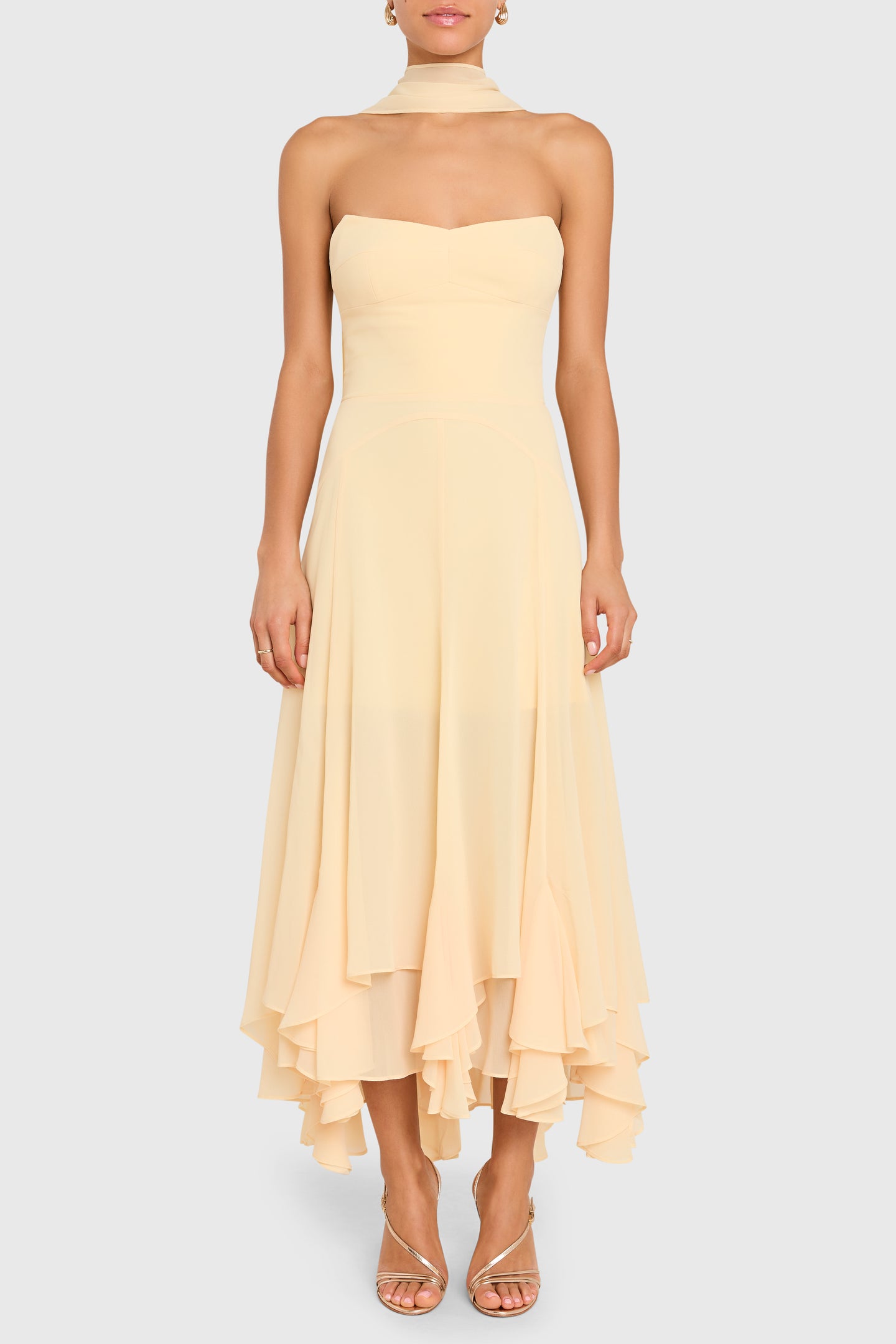 Strapless Midi Monterey Dress With Scarf in Cornsilk Chiffon | L | Amanda Uprichard Strapless Midi Monterey Dress With Scarf in Cornsilk Chiffon | L | Amanda Uprichard