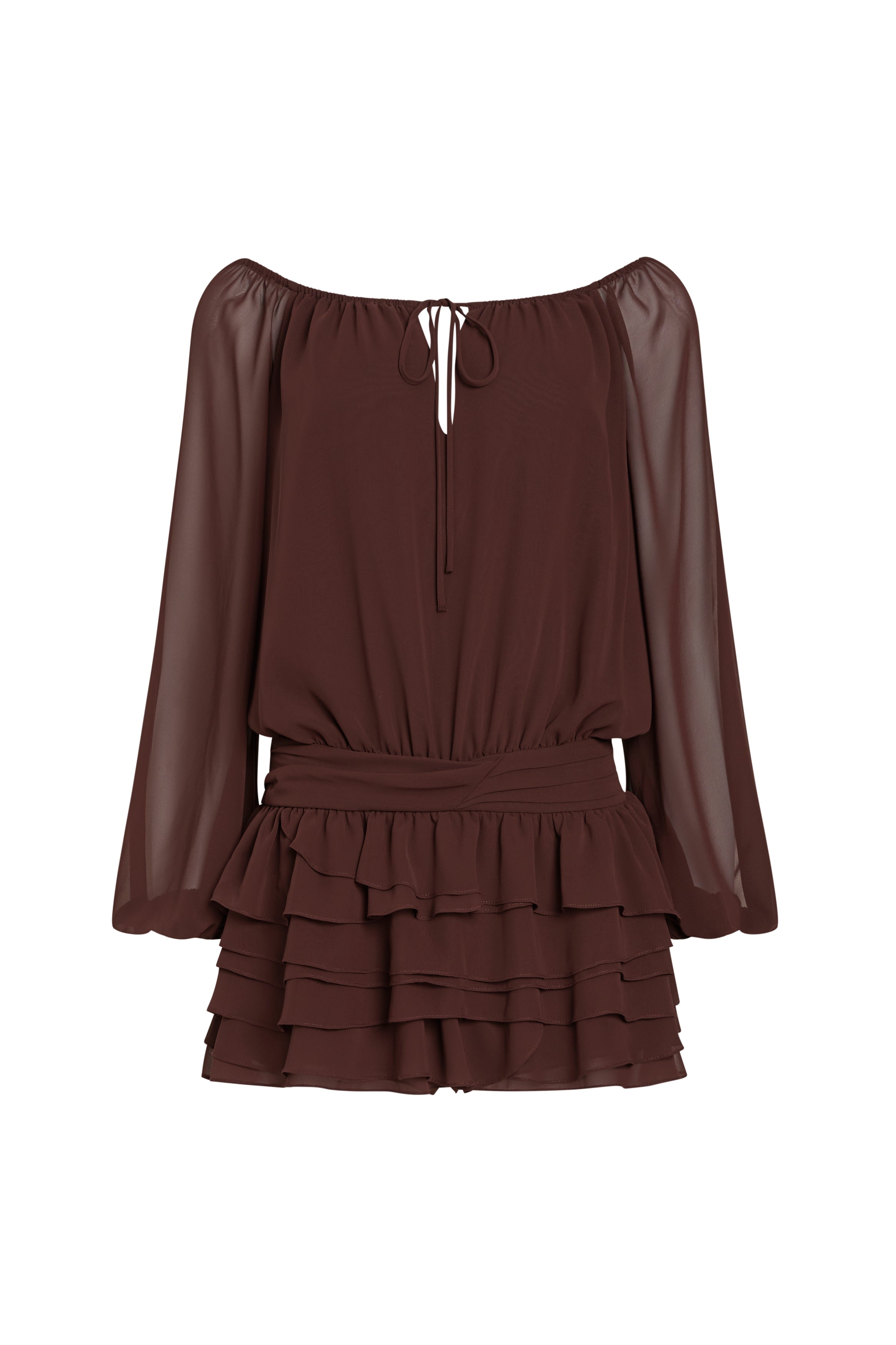 Brown dress with long sleeves and ruffled skirt on a white background