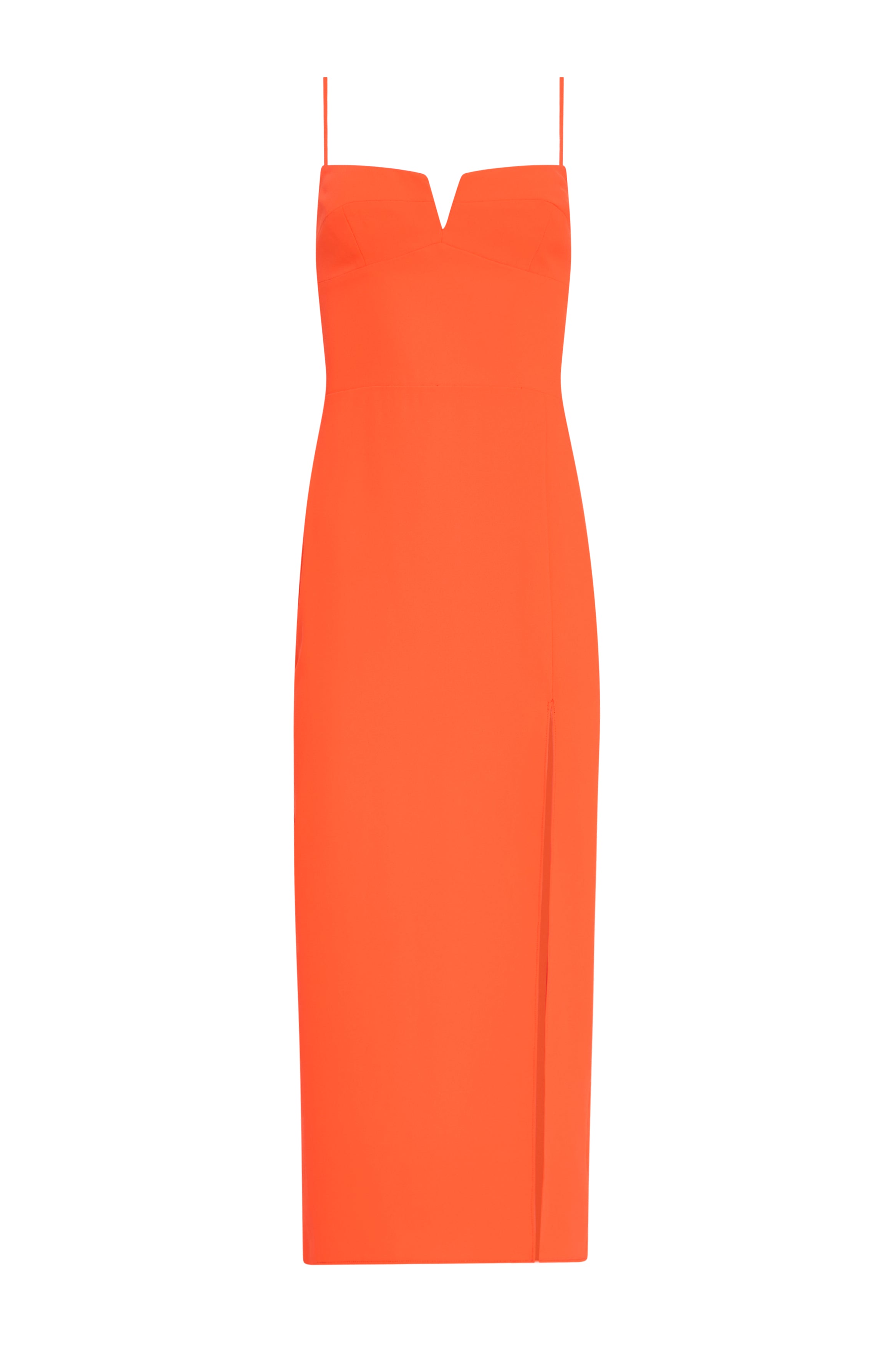 Amanda Uprichard |   Lyra Midi Dress in Serrano. Orange midi dress against a white backgorund.