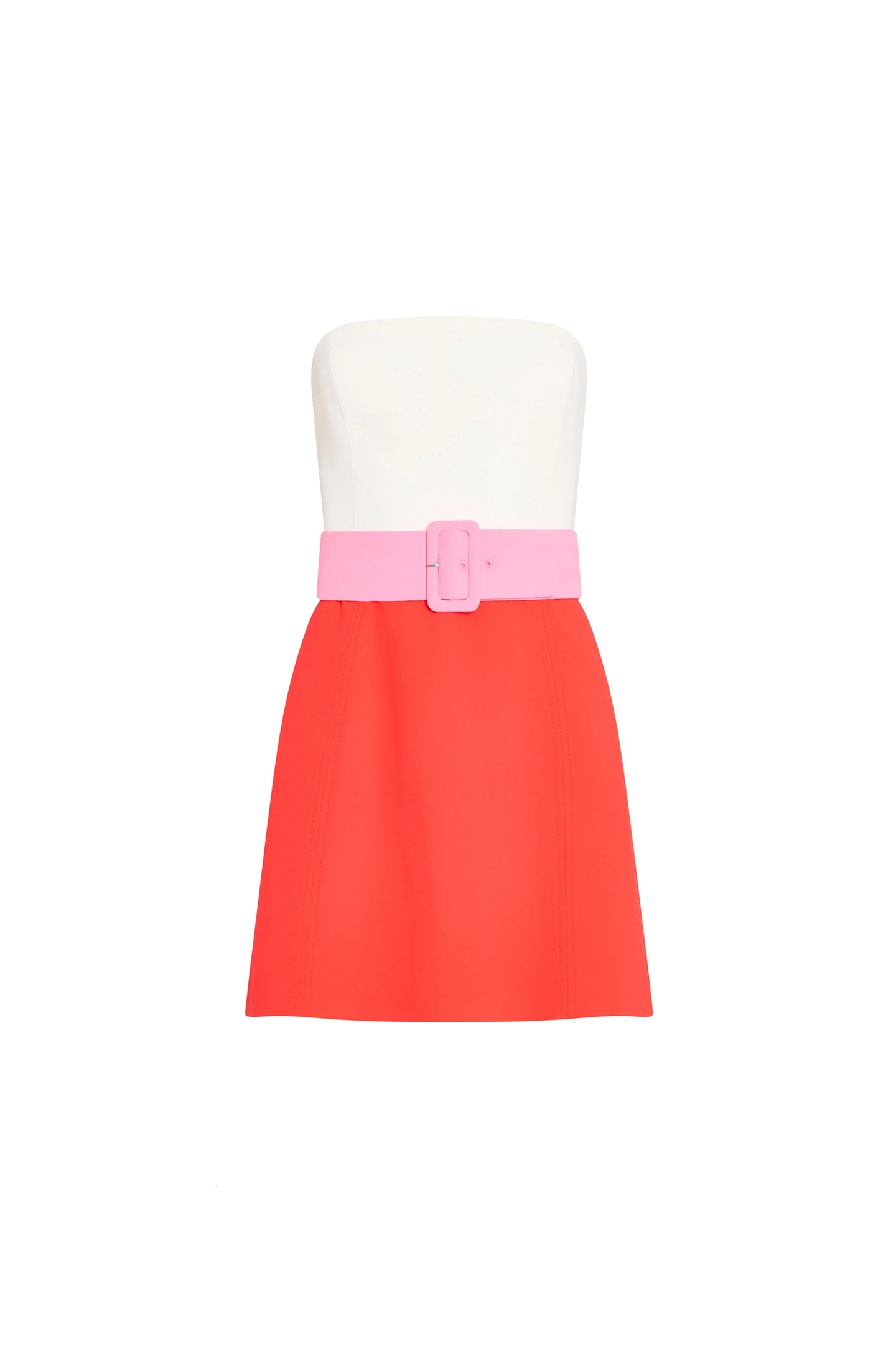 Amanda Uprichard |   Fae Romper in Ivory-Crimson-Shocking-Pink. Color block mini dress against a white background.
