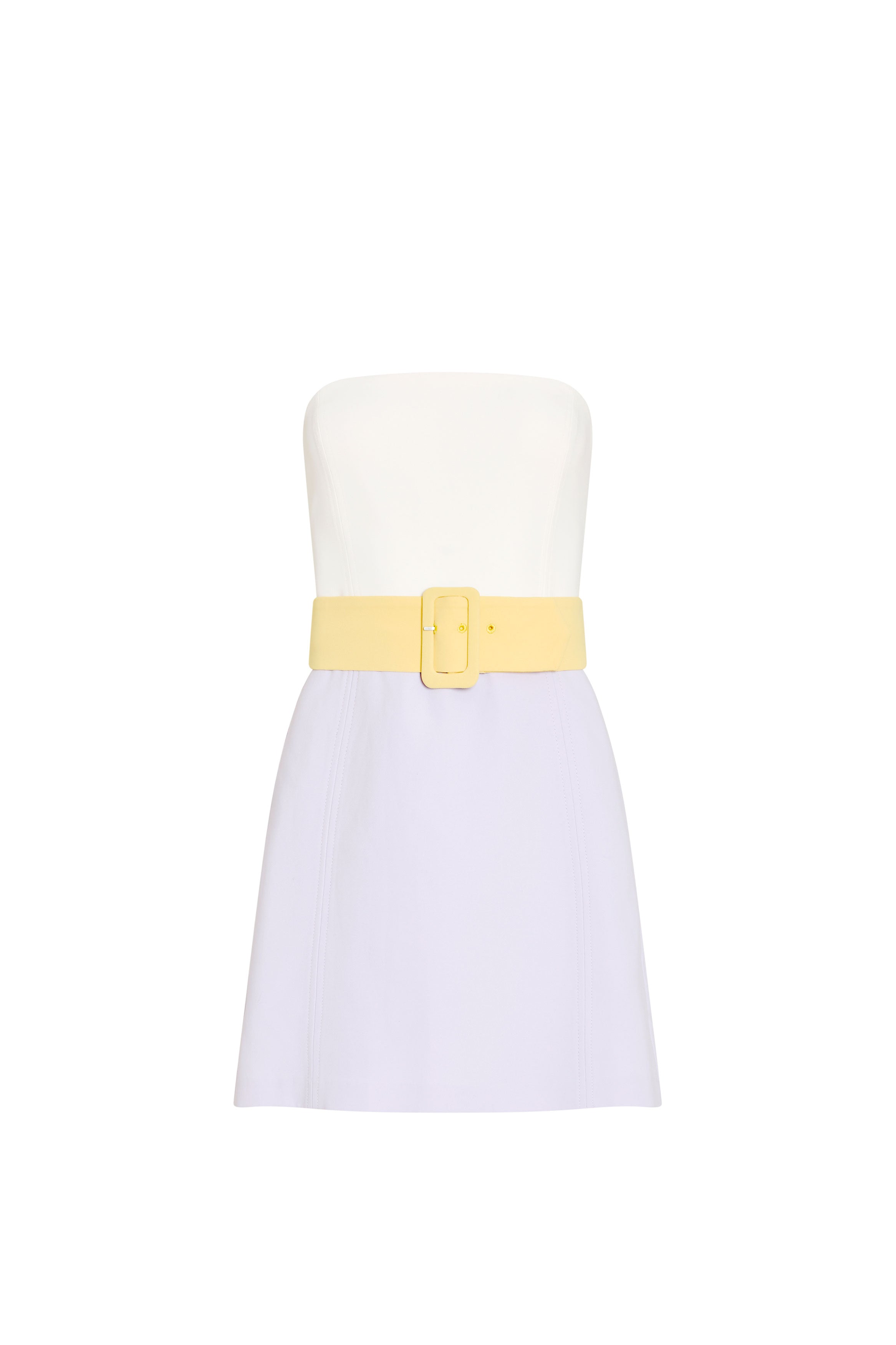 Amanda Uprichard |   Fae Romper in Ivory-Jasmiine-Daffodil. Color block mini dress against a white backgorund.