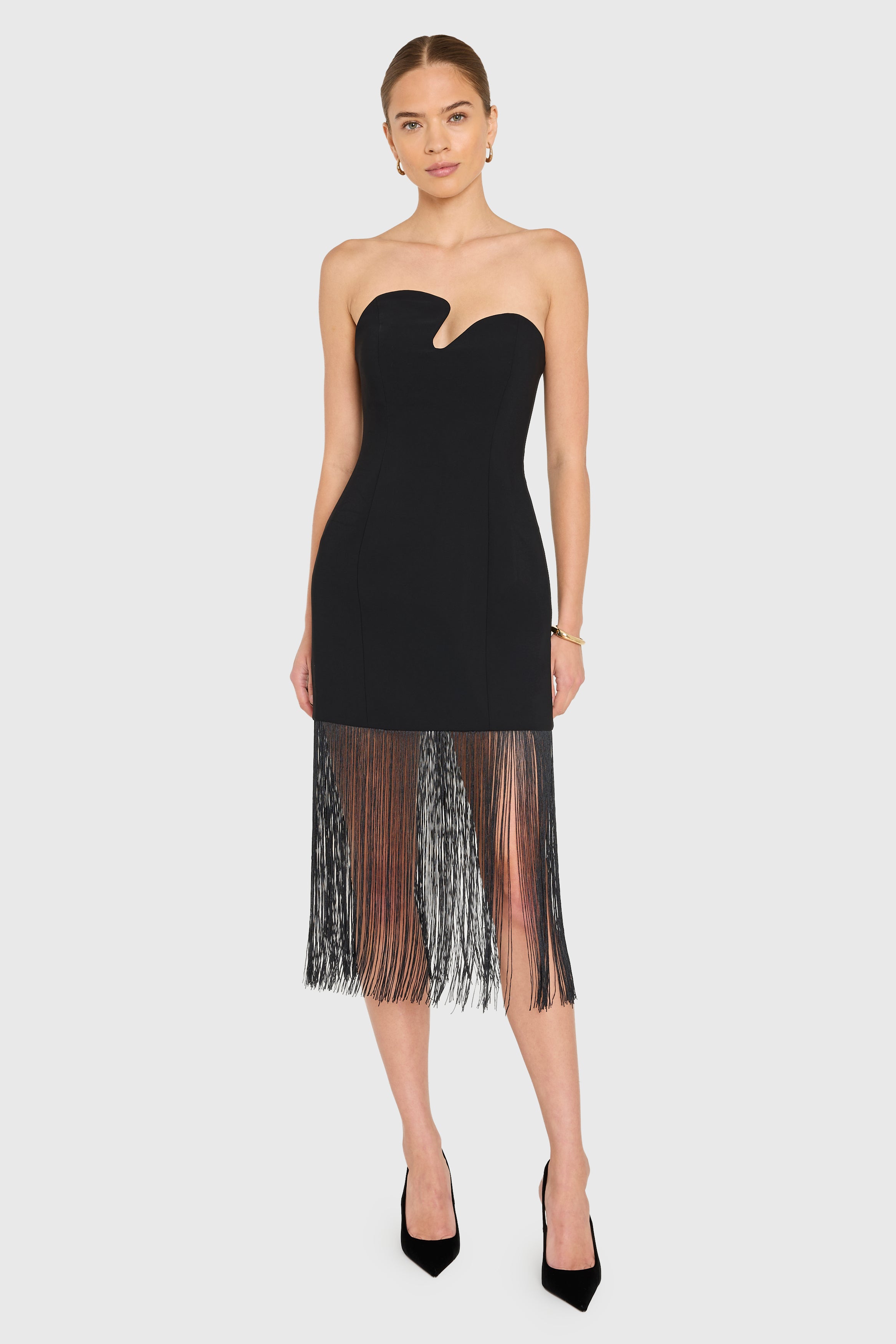 Amanda Uprichard Puzzle Strapless with Fringe Dress in Black