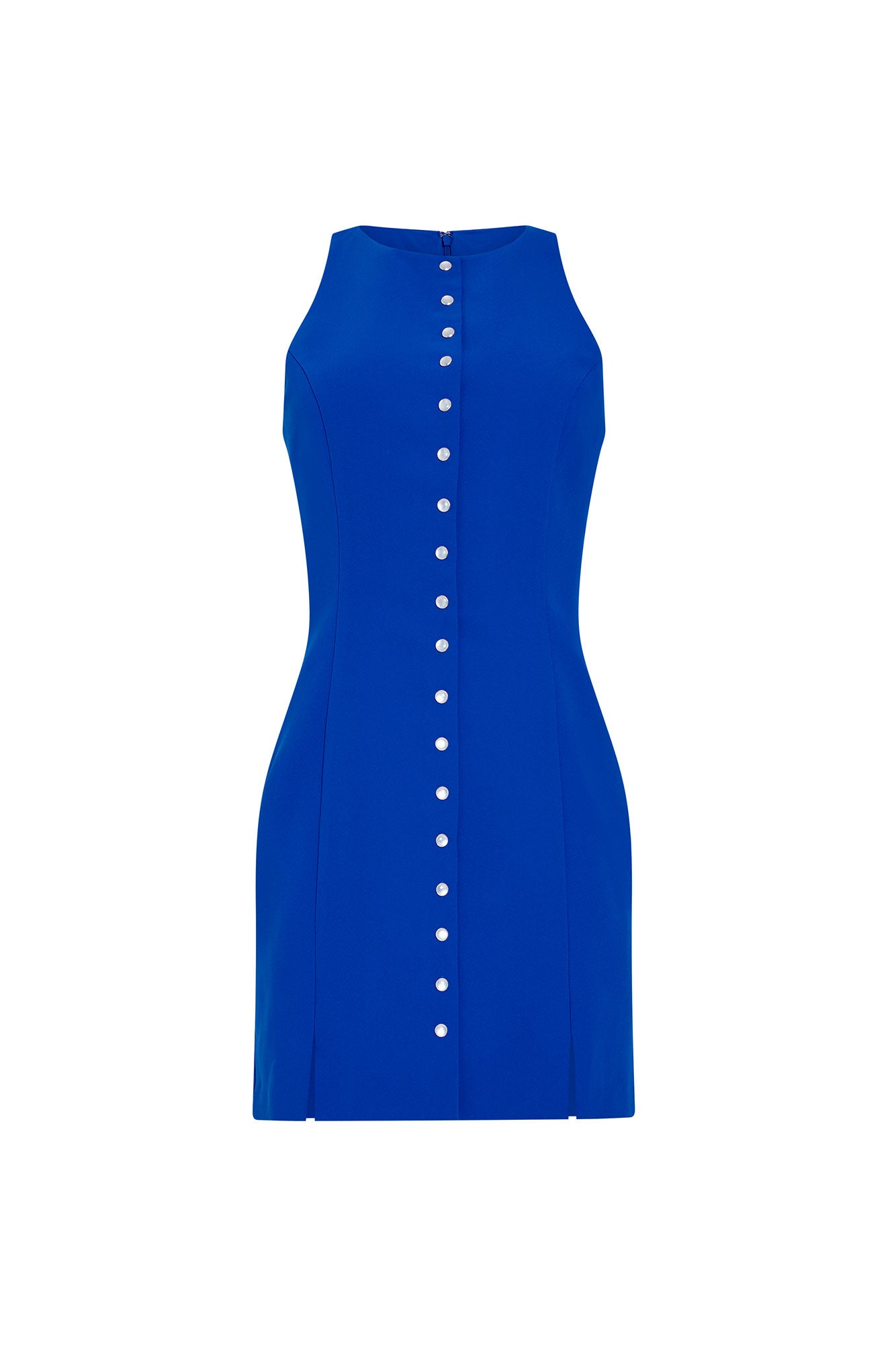 Blue dress with button details on a white background