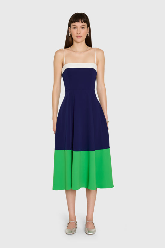 Amanda Uprichard | Tammy Midi Dress in Ivory, Navy, and Grass. view 1