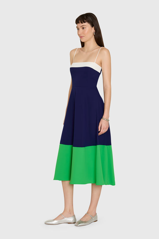 Amanda Uprichard | Tammy Midi Dress in Ivory, Navy, and Grass. view 2
