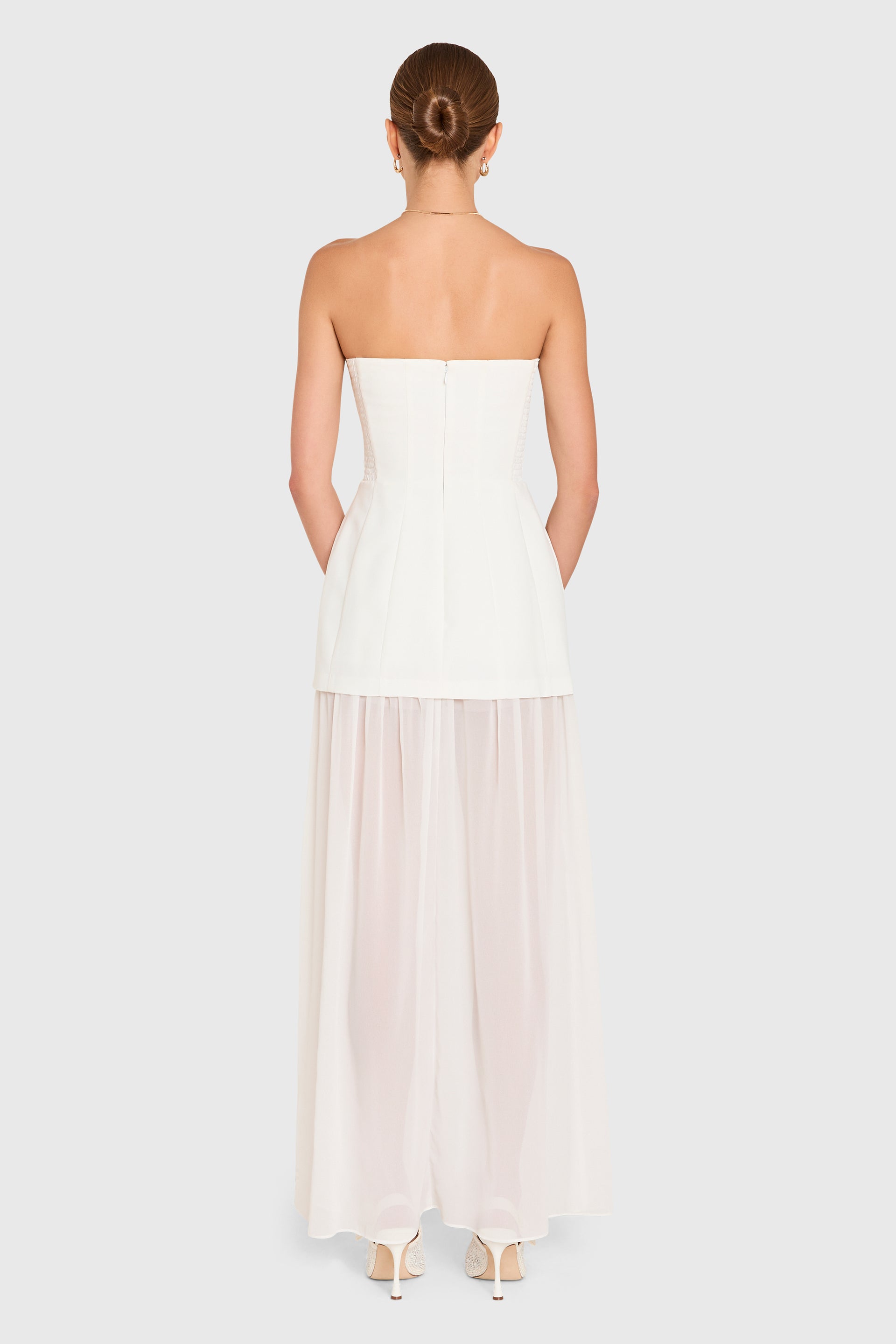 bcbg white strapless dress Maxi Christy in Ivory Chiffon | L Celine Chiffon Long Sleeve Back zip closure 112024ea SIZ:10