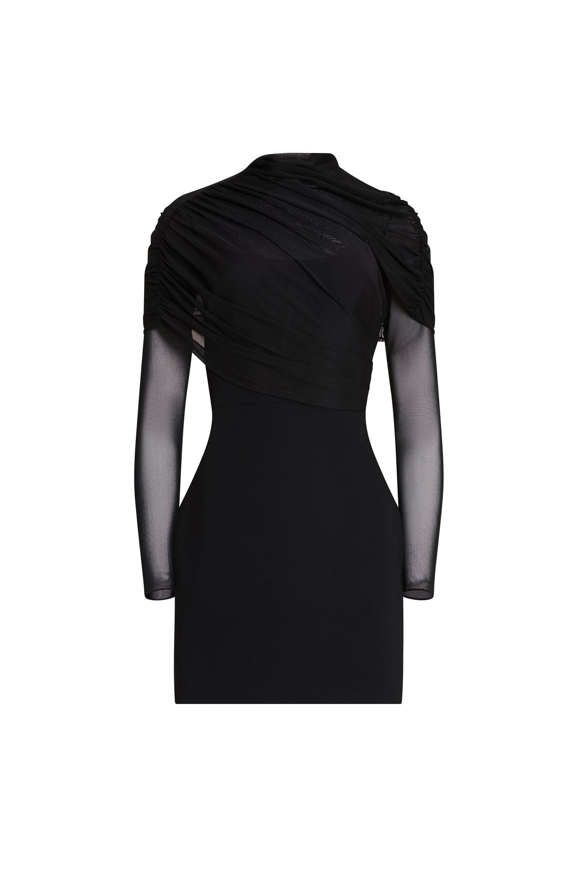 Amanda Uprichard mock-neck Rosalyn Dress in Black, shown on an invisible mannequin