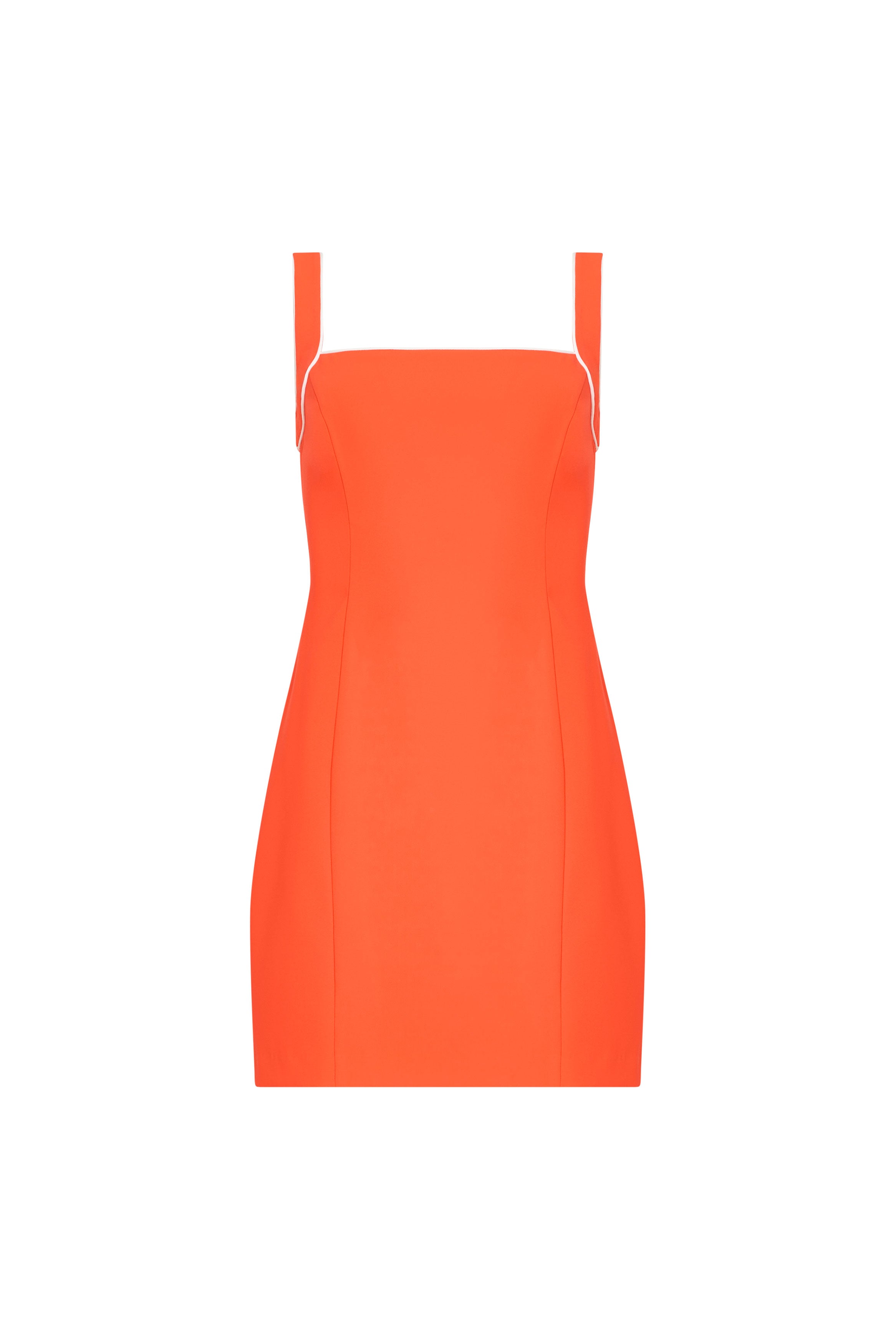 Amanda Uprichard |   Rosie Dress in Serrano. Orange mini dress against a white backgorund.