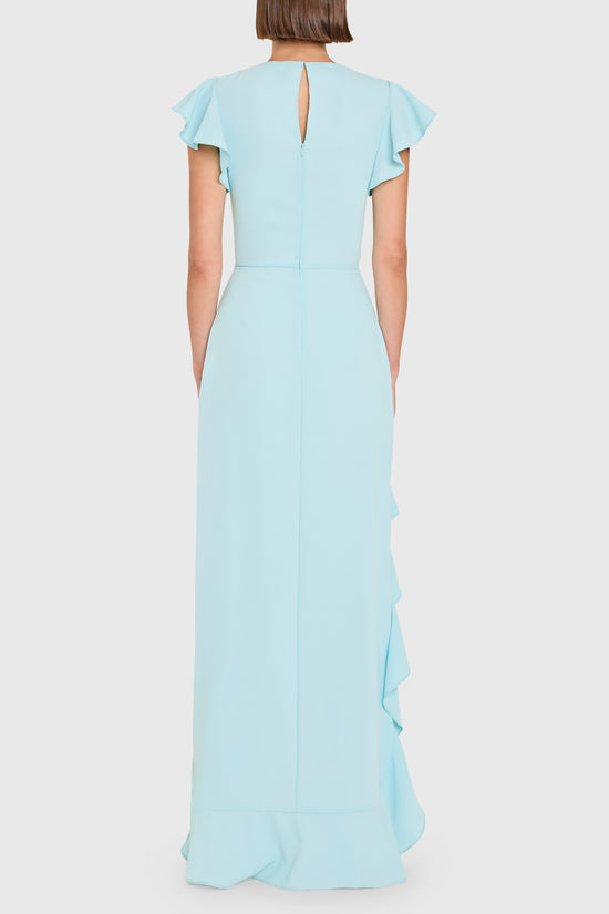 Light blue evening gown with cap sleeves on a white background