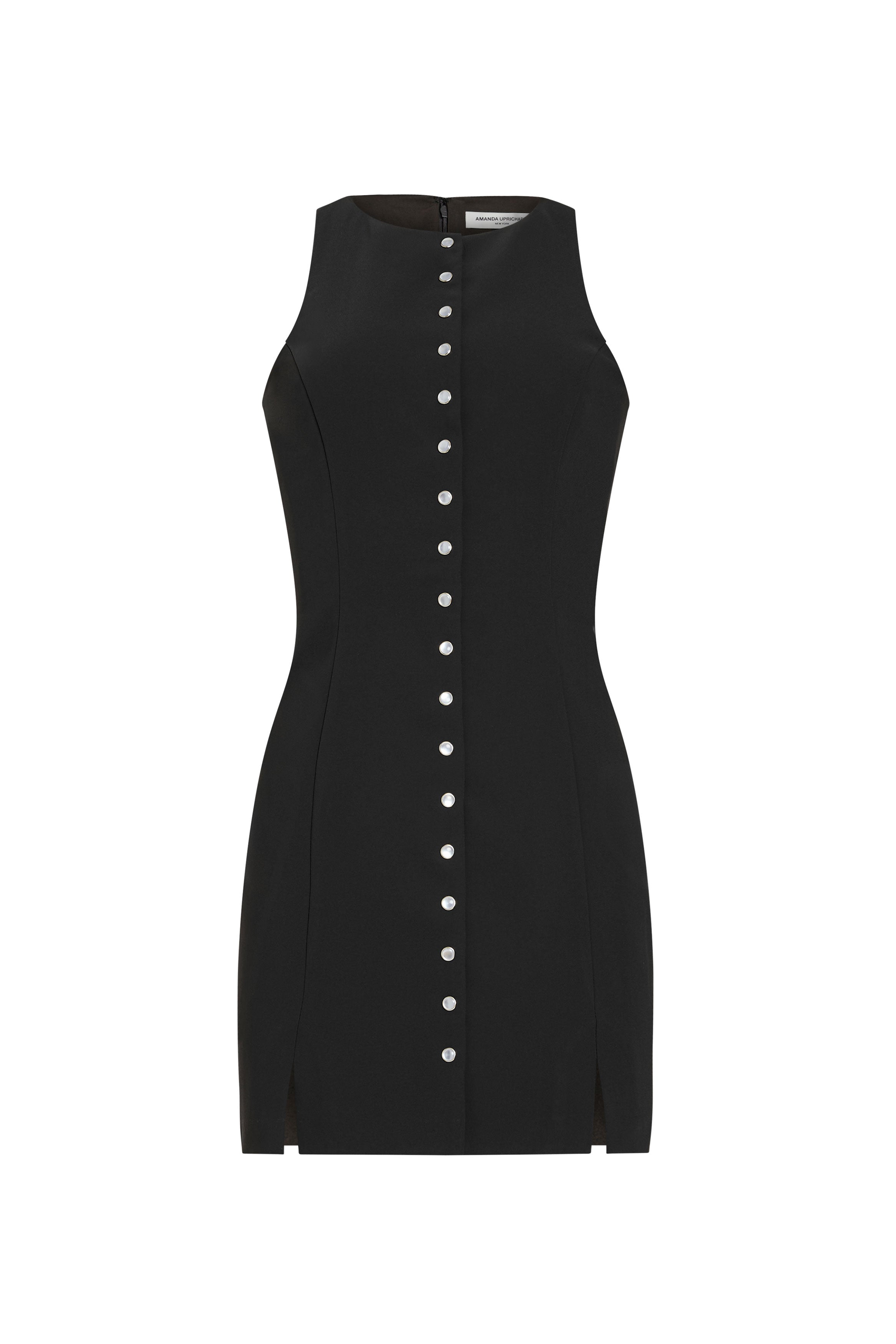 Black sleeveless dress with button details on a white background