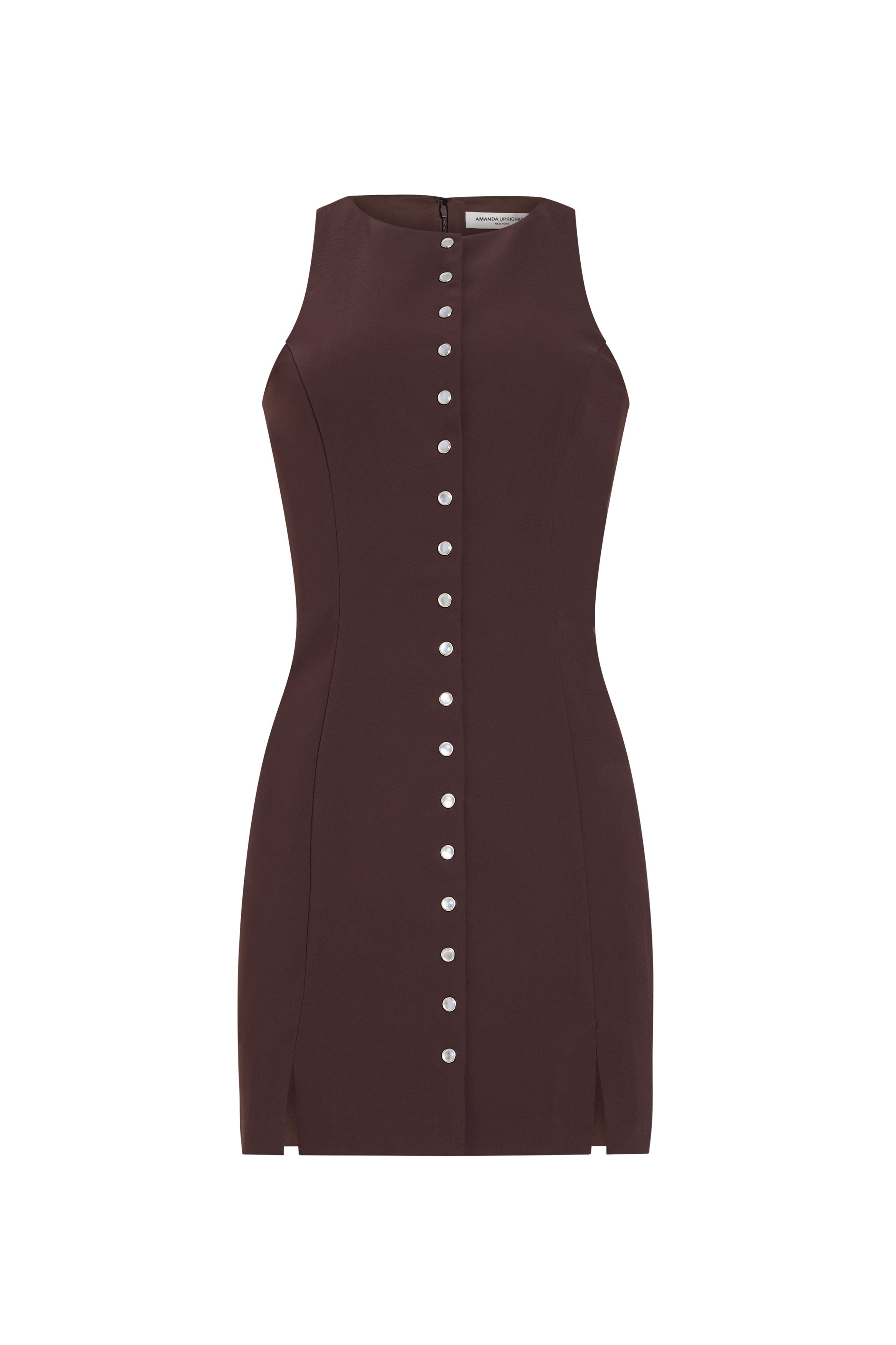Brown dress with button details on a white background