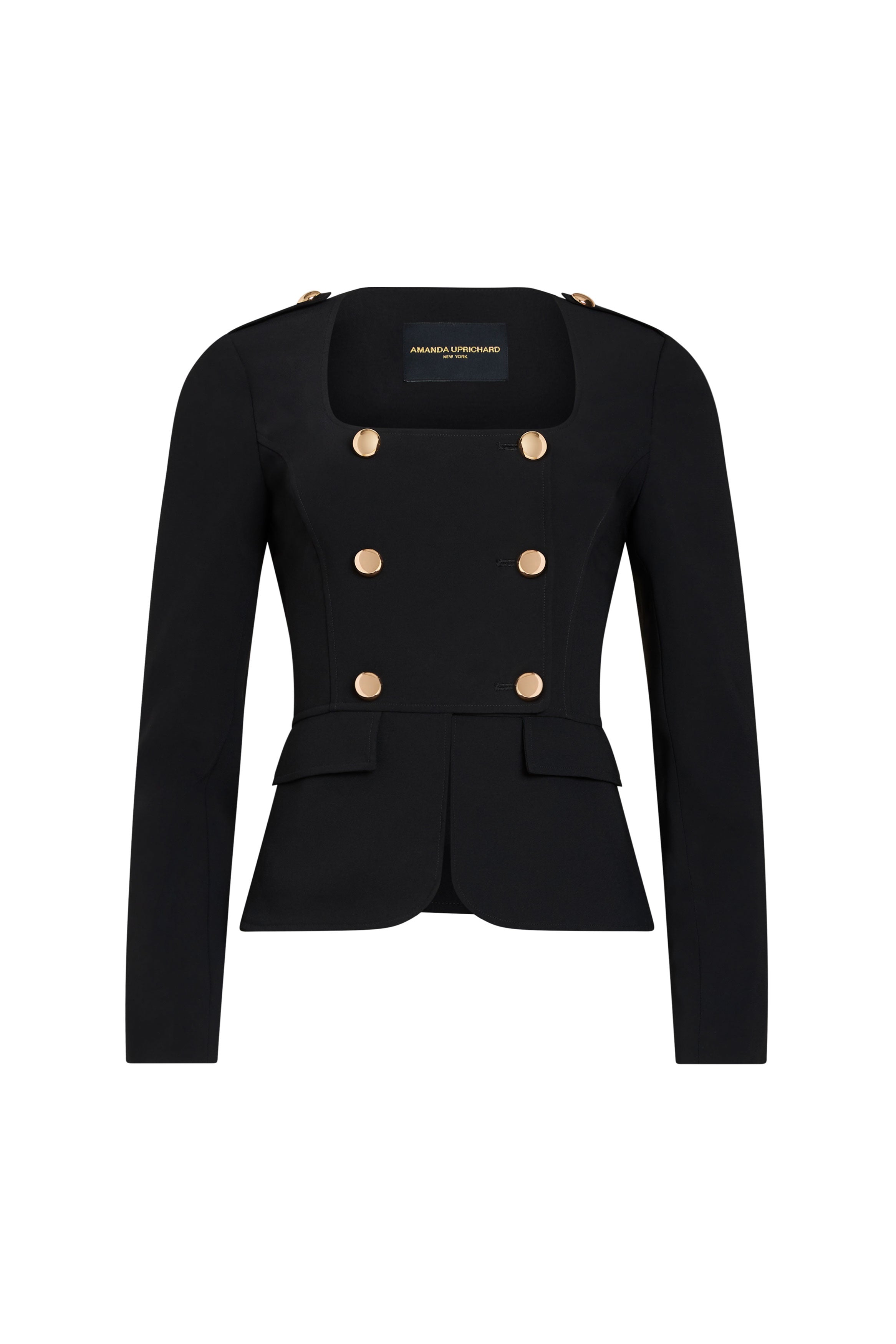 Black jacket with gold buttons on a white background