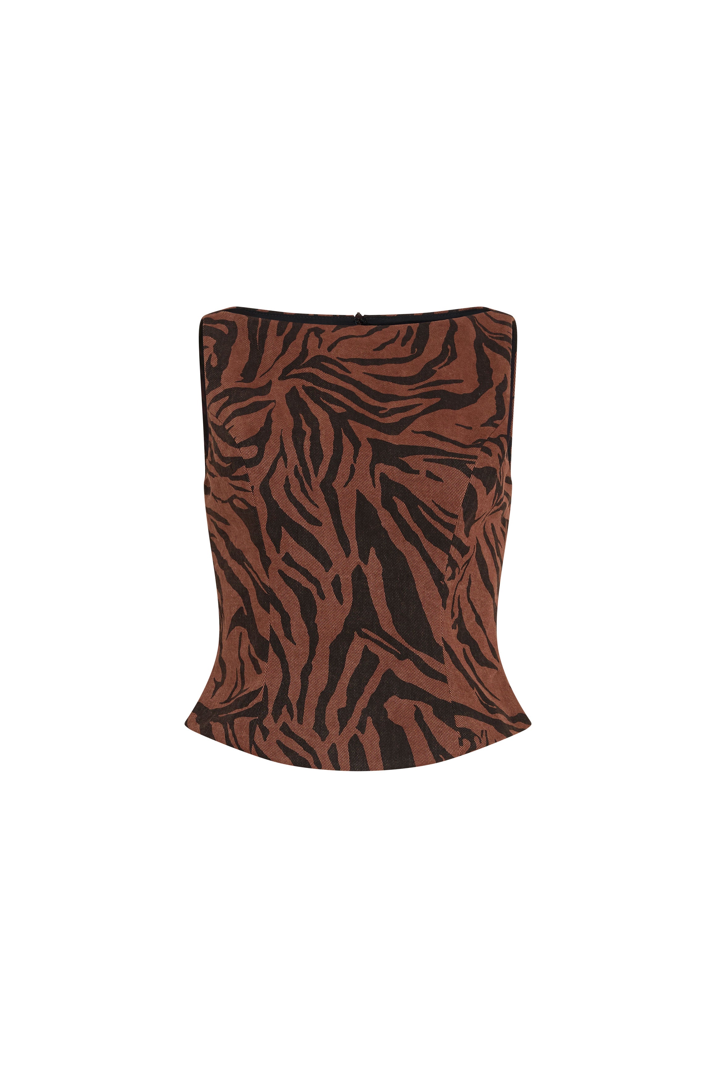 Brown and black zebra print tube top on a white background