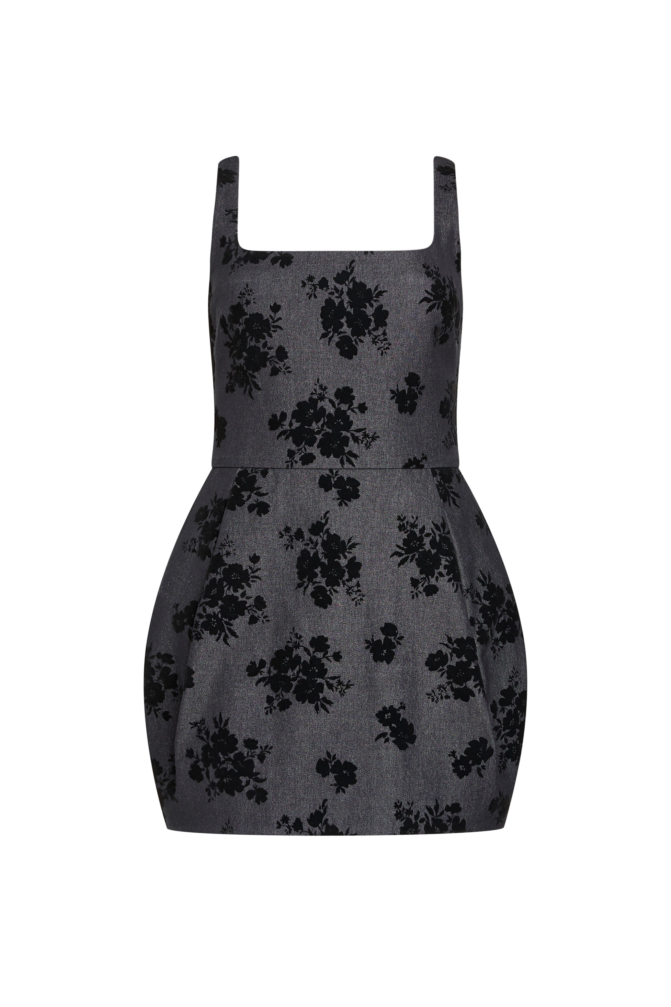 Gray dress with black floral pattern on a white background