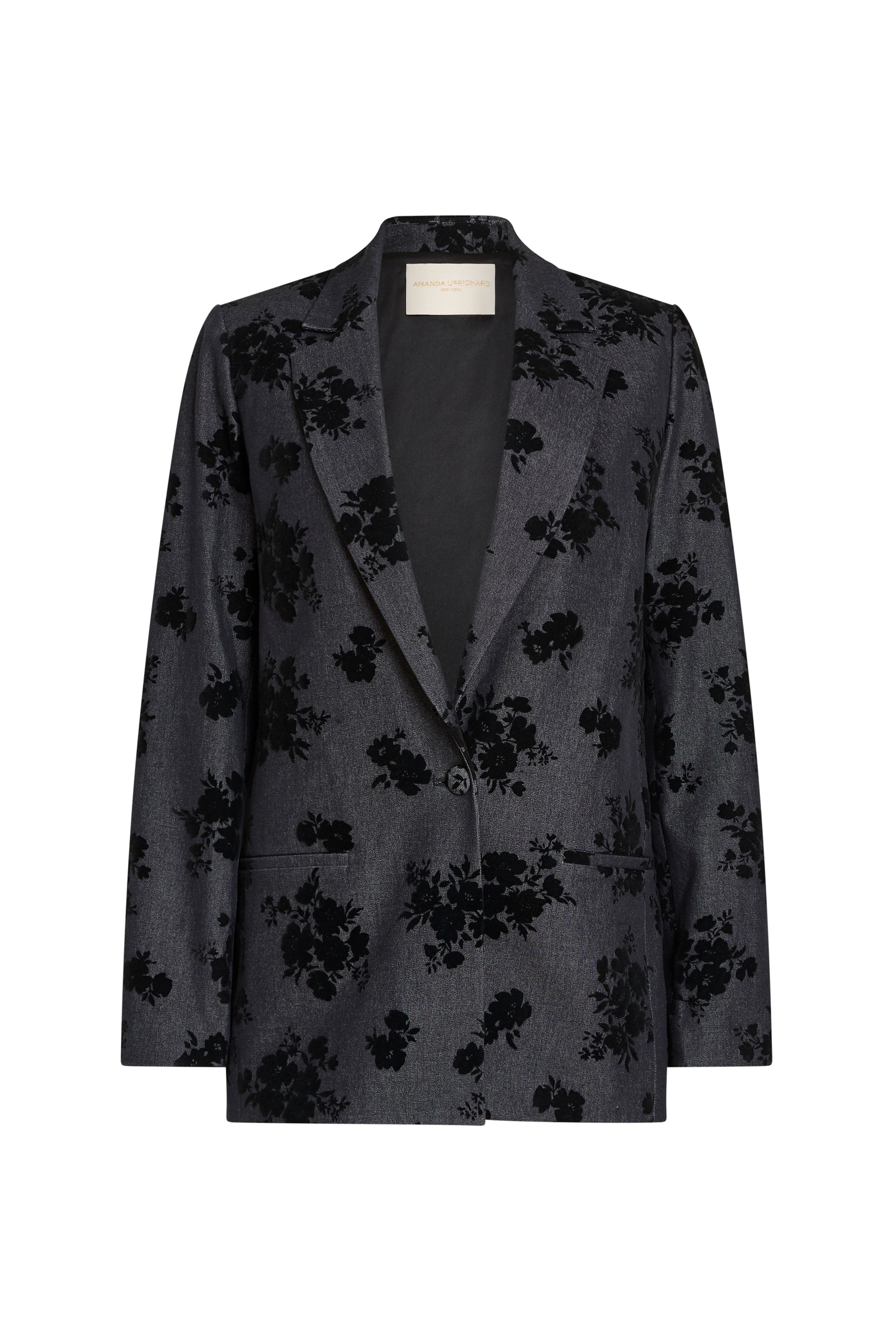 Dark floral patterned blazer on a white background