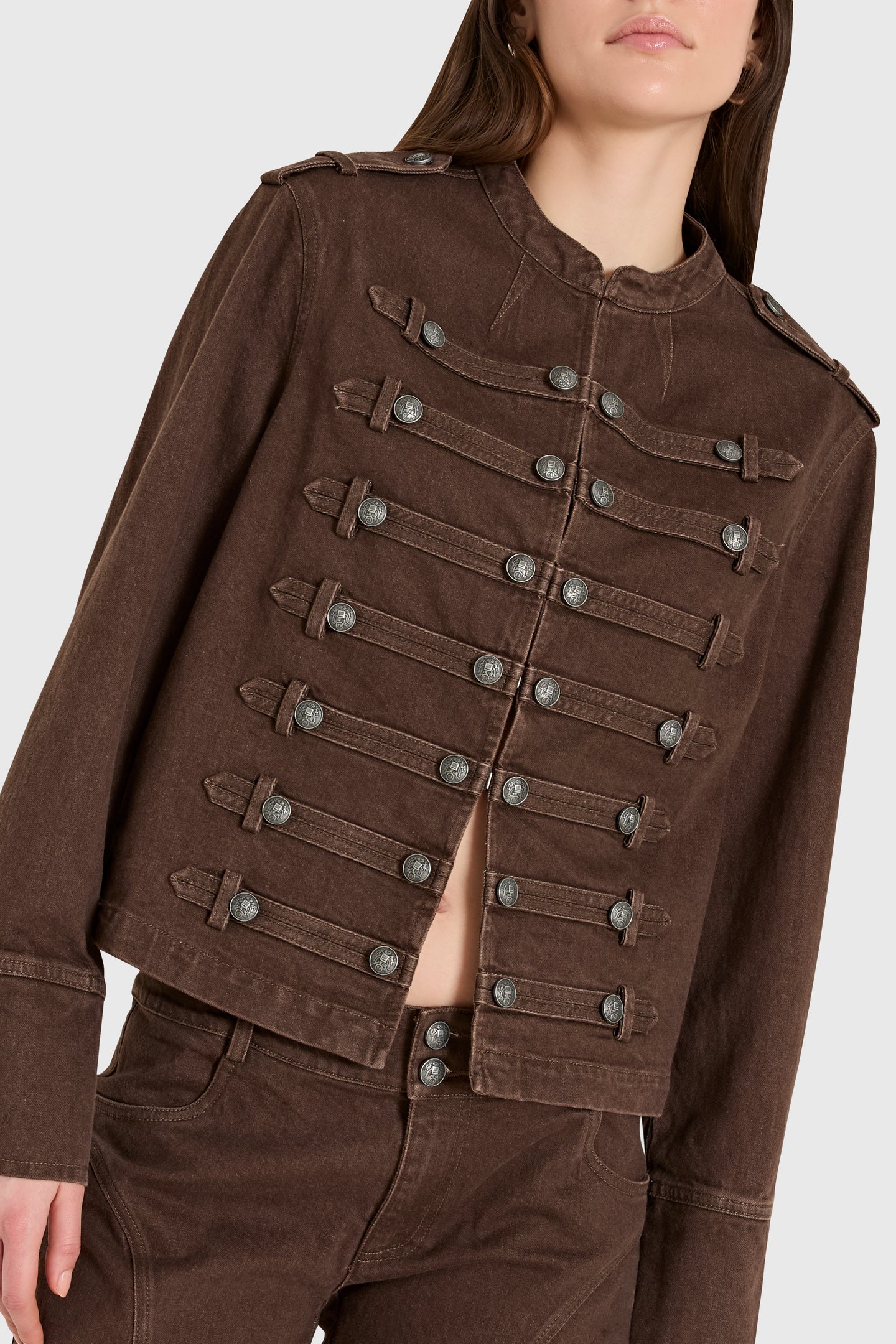 Amanda Uprichard Emma Jacket in Brown Denim - detail view