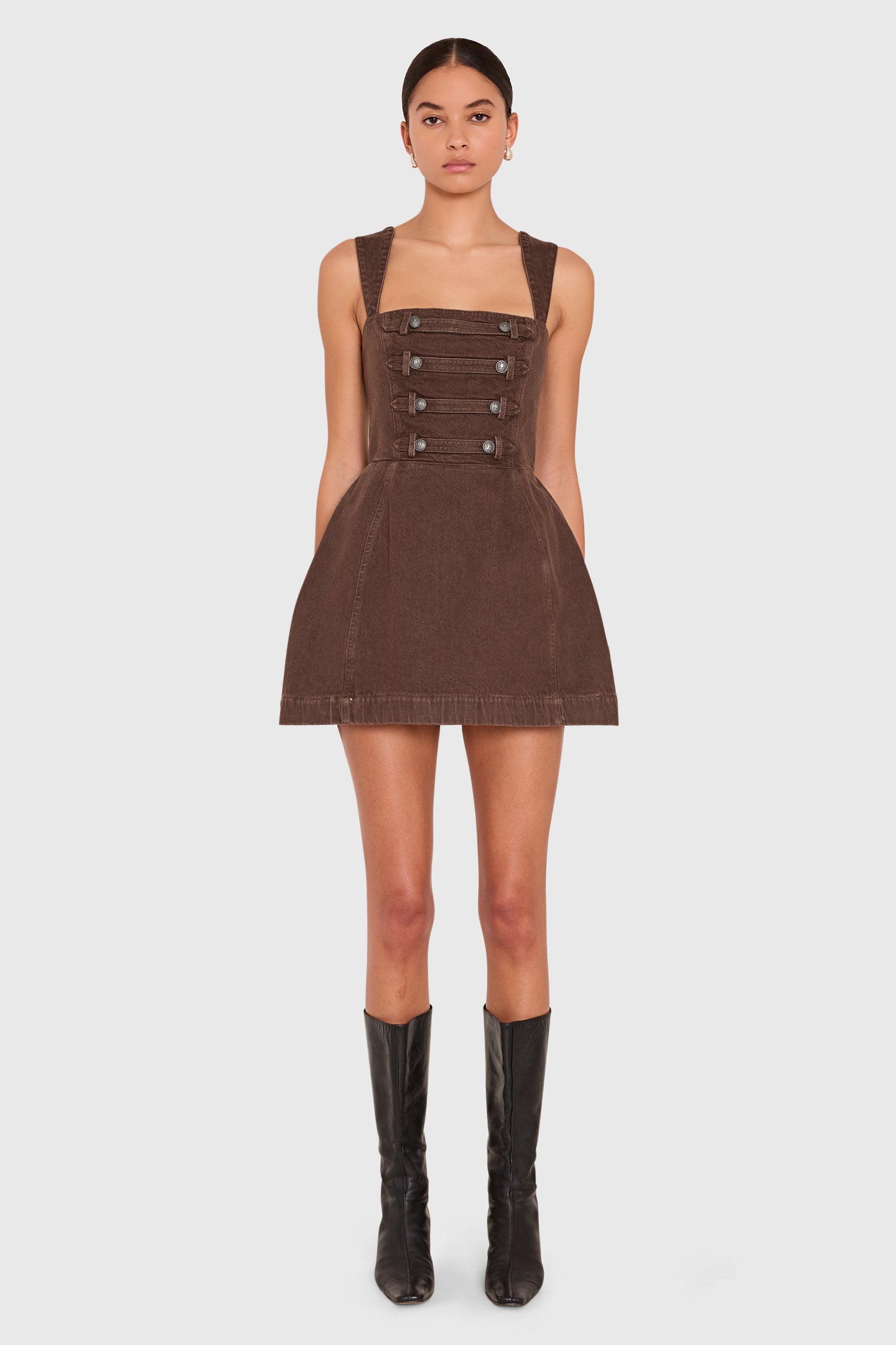 Amanda Uprichard Bethany Romper in Brown Denim - front view