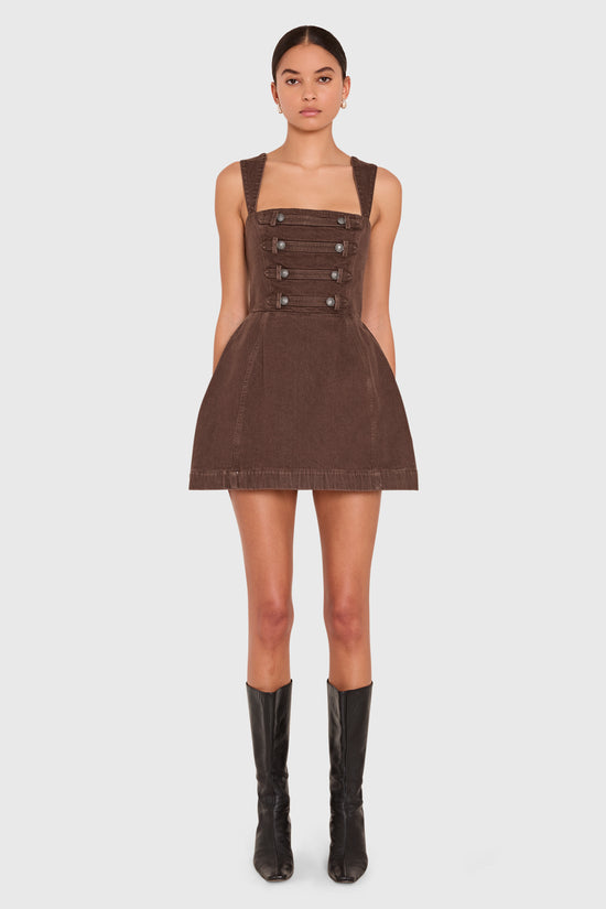 Amanda Uprichard Bethany Romper in Brown Denim - front view