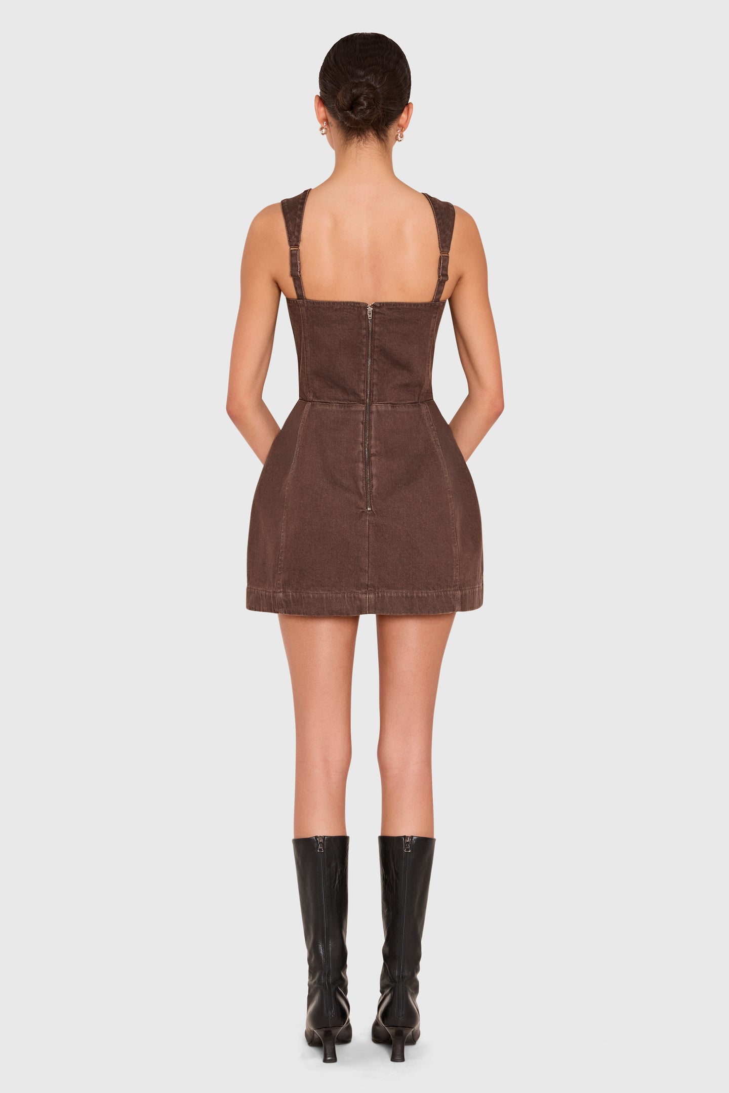Amanda Uprichard Bethany Romper in Brown Denim - back view
