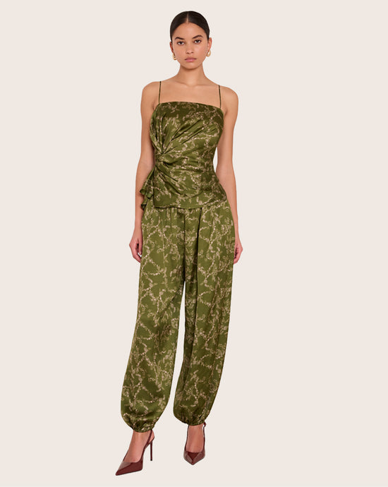 Amanda Uprichard - matching sets bucket - model wearing green satin pant set