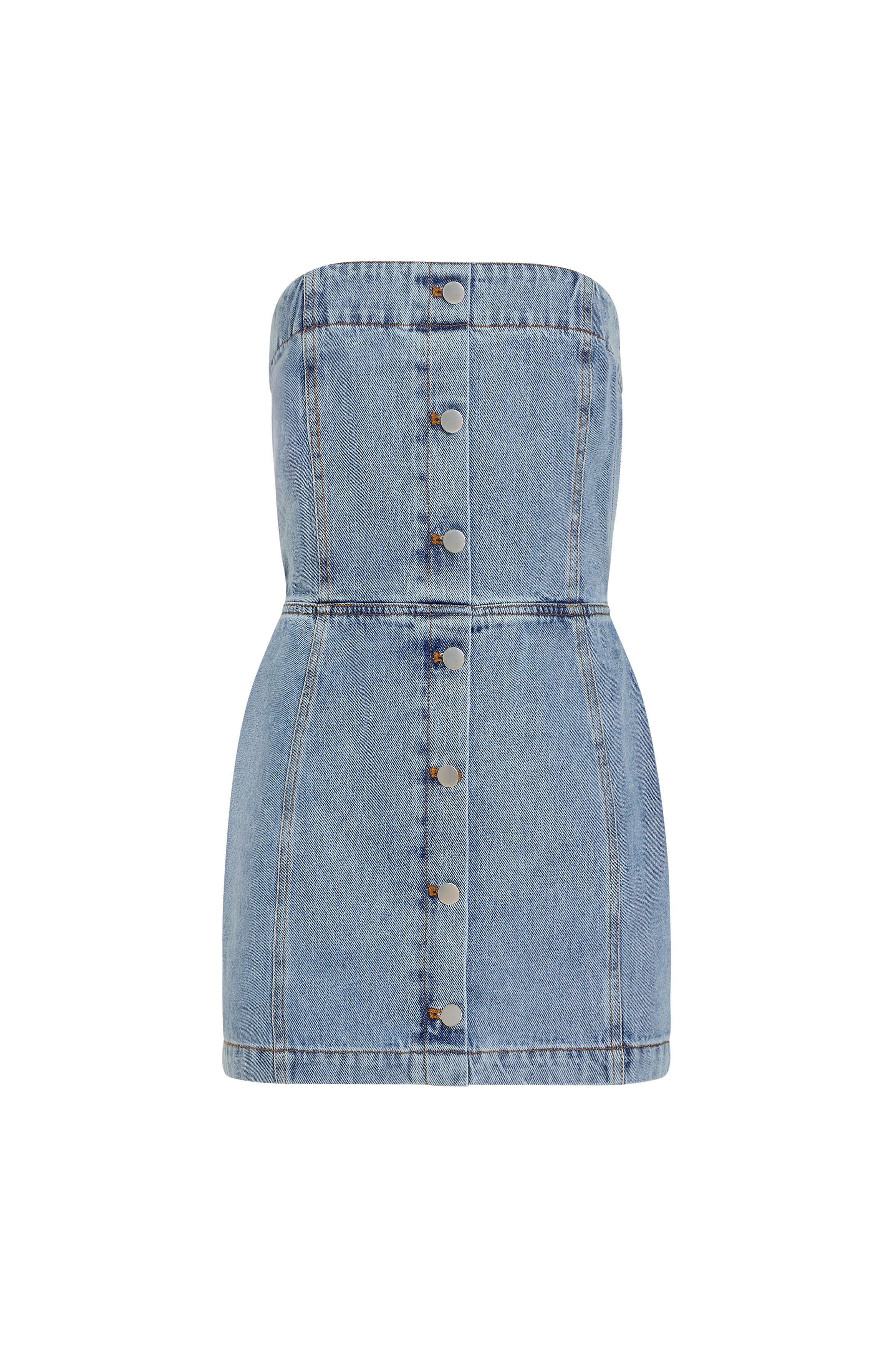 Denim strapless dress with button details on a white background