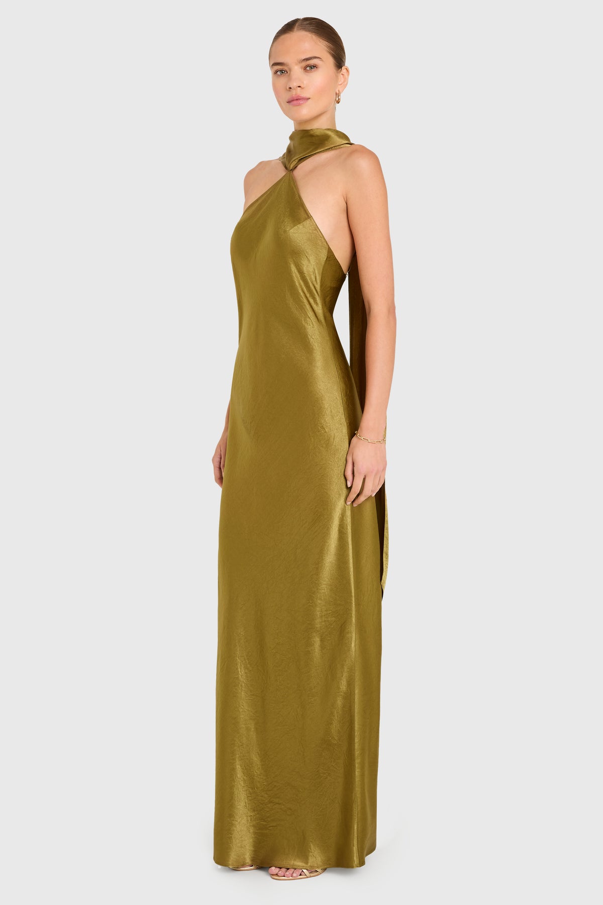 satin halter maxi dress Amanda Uprichard x REVOLVE Ashton in Olive Forest Green Homecoming Dresses Embellishment:Lace & Embroidery Featuring a sleek halter Color:Fig