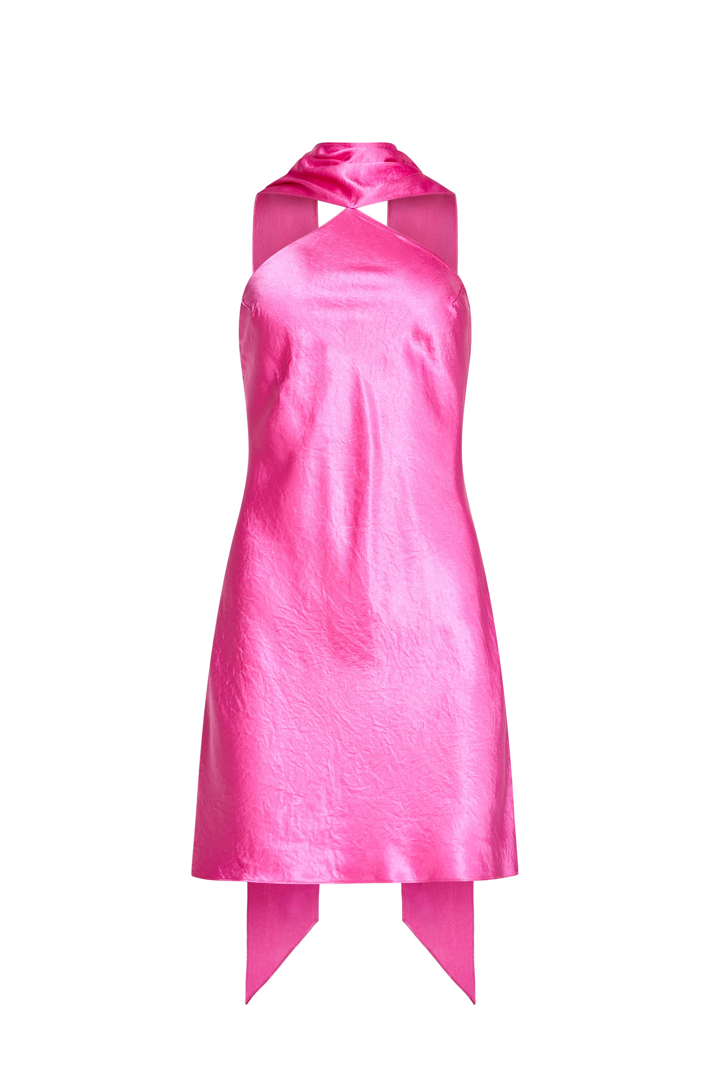 Pink halter dress with ribbon straps on a white background