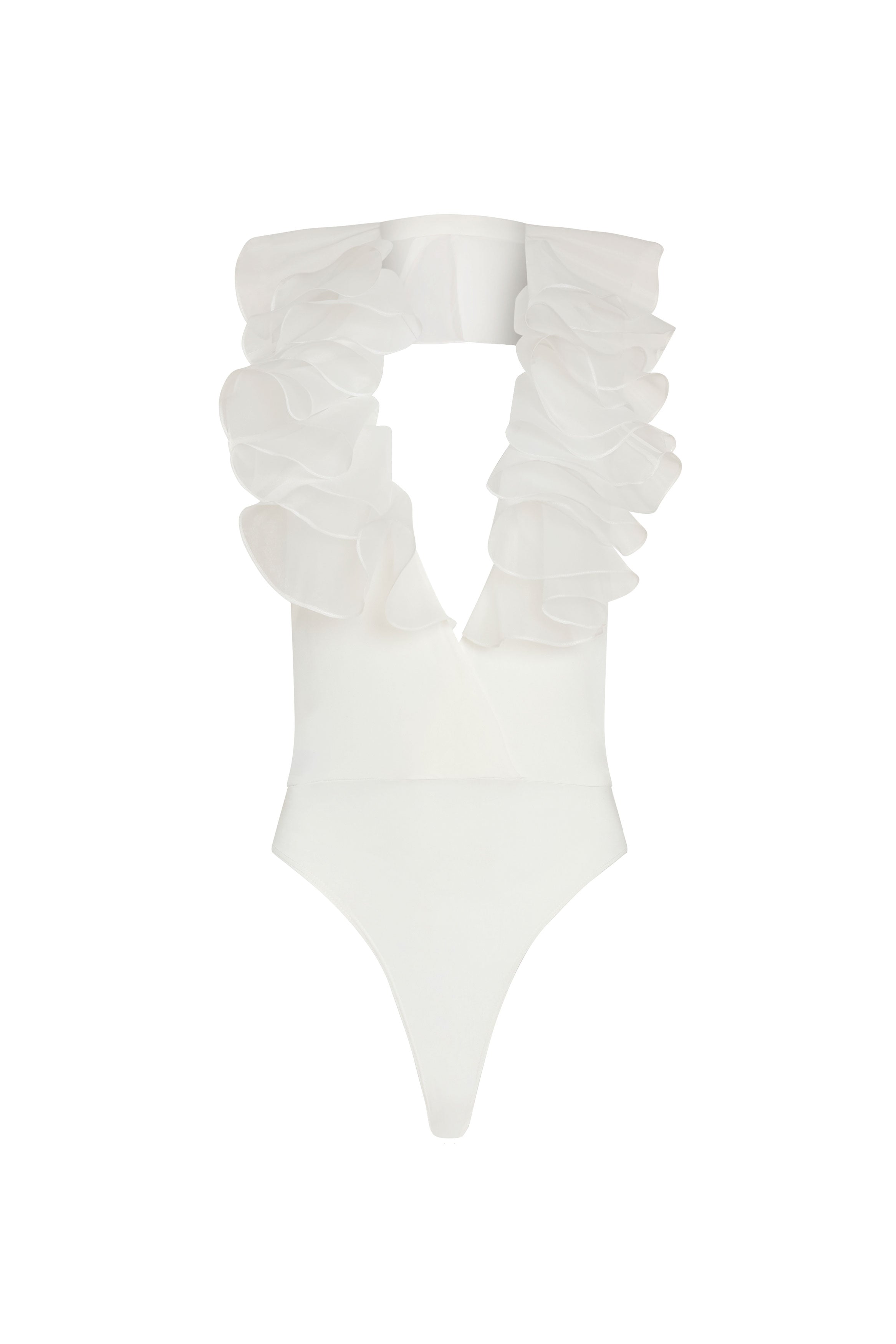 White bodysuit with ruffled neckline on a white background