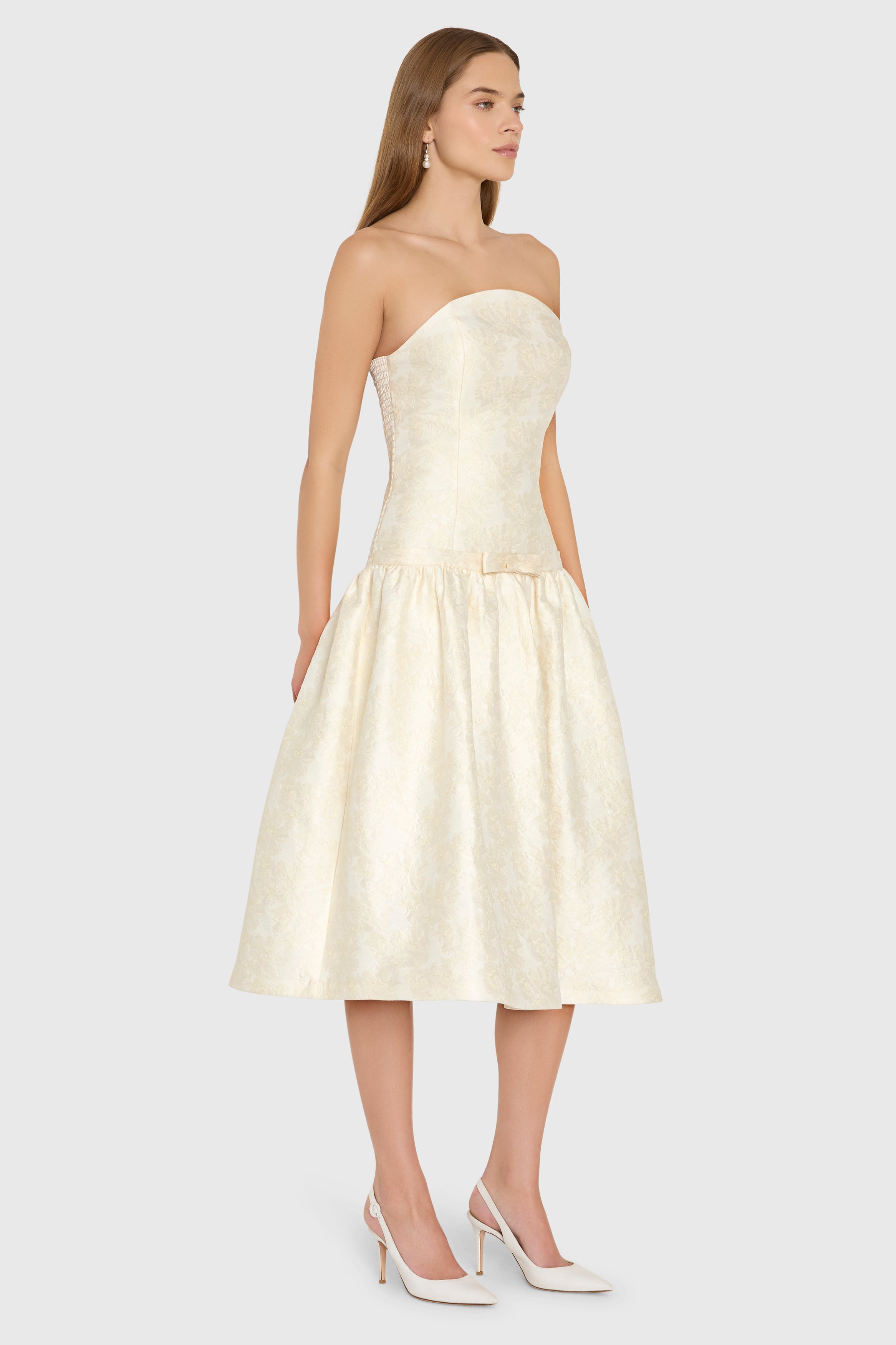 Strapless Midi Valencia Bow Dress in Ivory | XS
