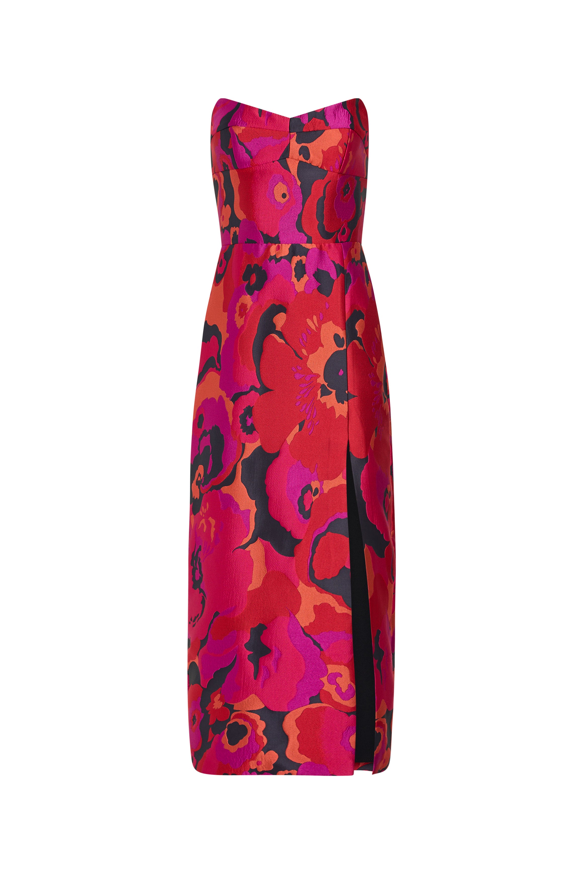 Colorful strapless dress with floral pattern on a white background