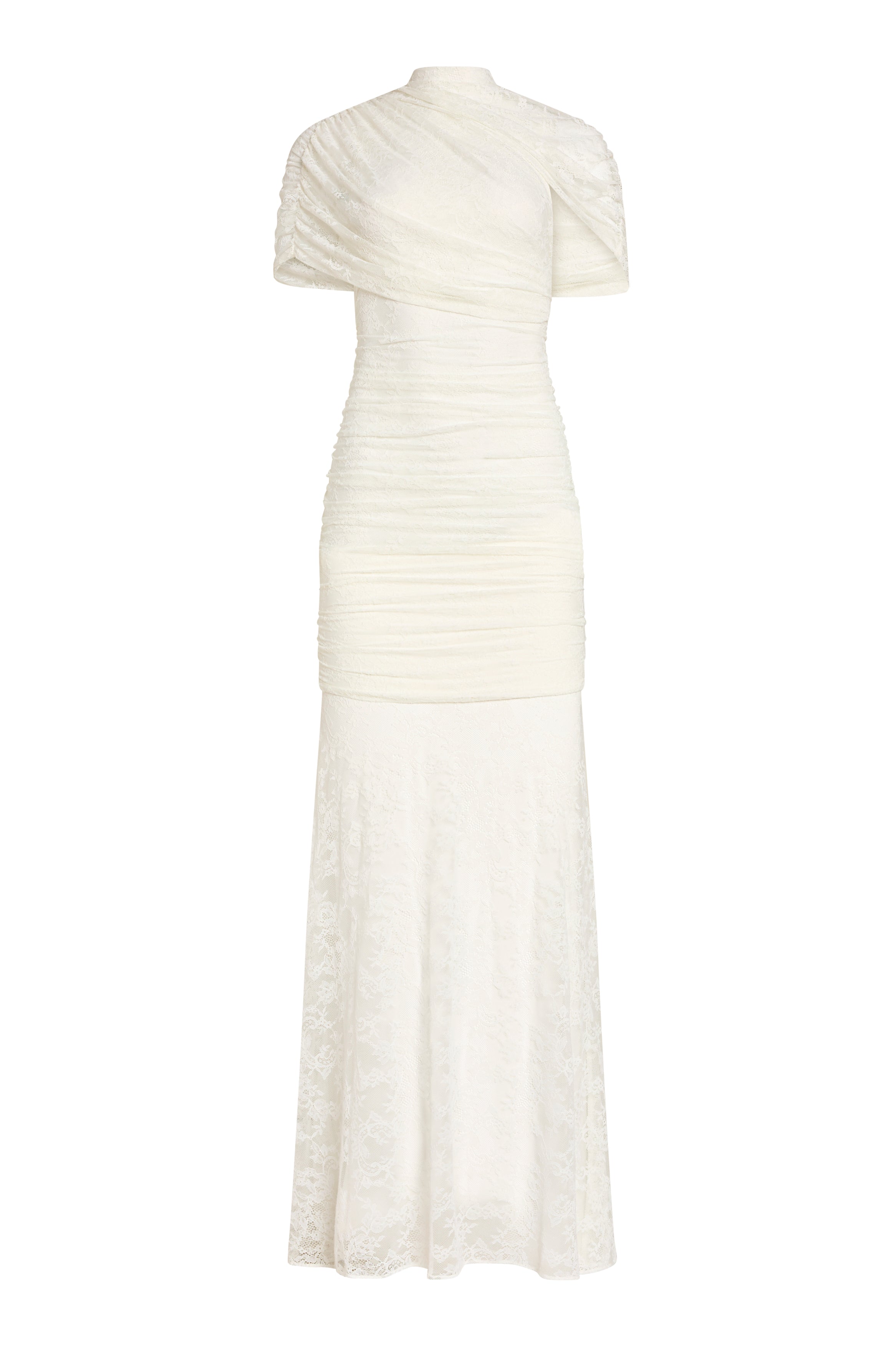 White dress with a textured bodice and sheer skirt on a white background
