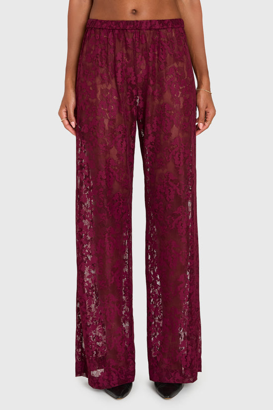 Purple lace pants worn by a person on a white background view 1
