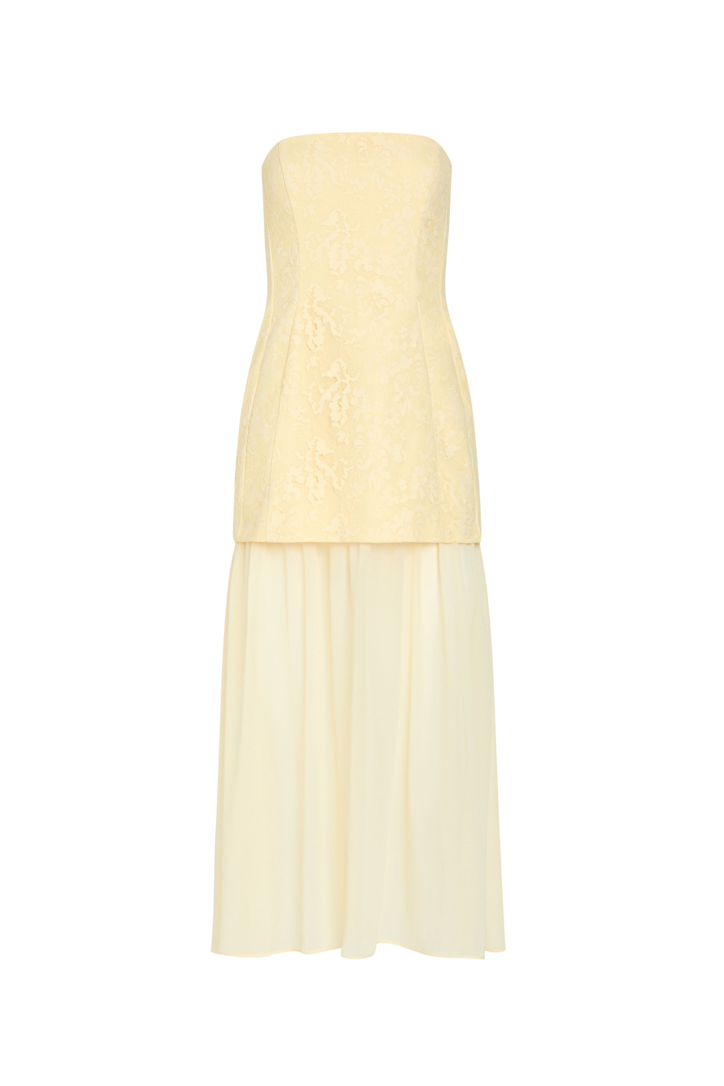 Strapless Midi Linda Dress in Cornsilk Lace | Xs | Amanda Uprichard Strapless Midi Linda Dress in Cornsilk Lace | Xs | Amanda Uprichard
