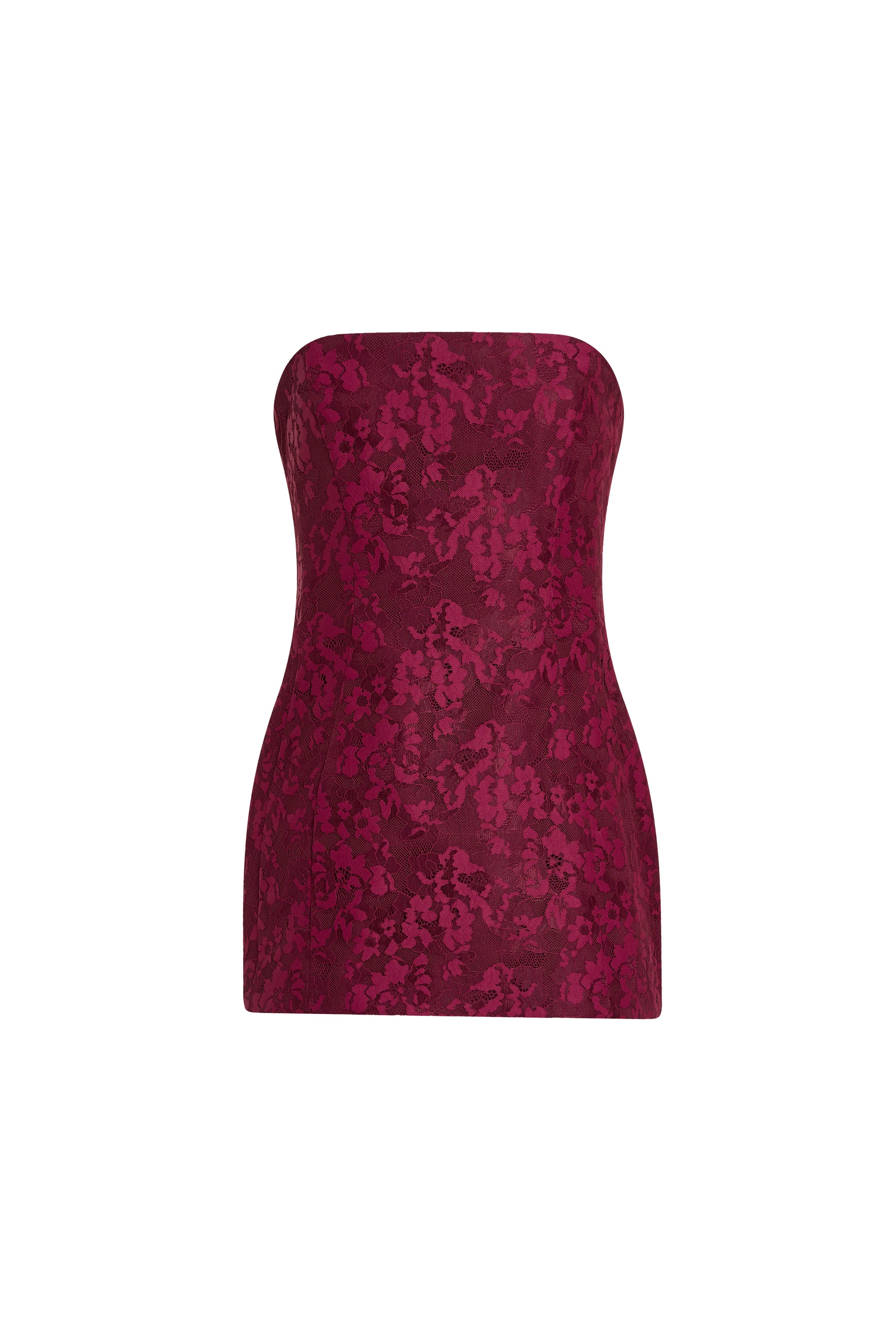 Red strapless dress with floral pattern on a white background