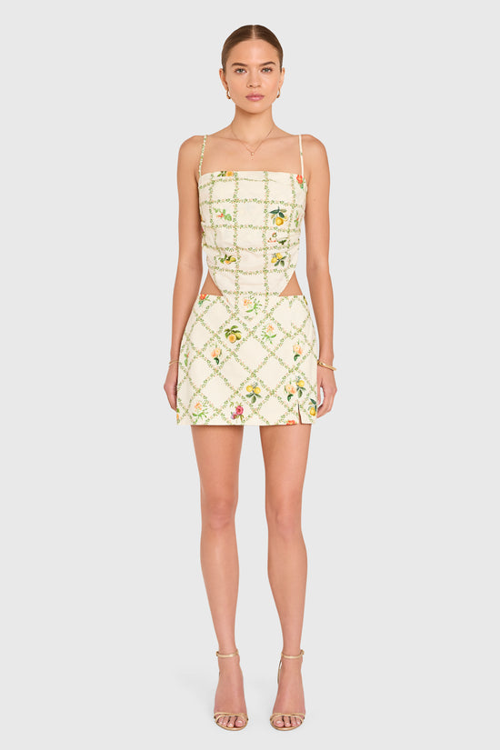 Amanda Uprichard | Juna Top in Trellis. Model wears a mini floral print top against a white backgorund. view 3