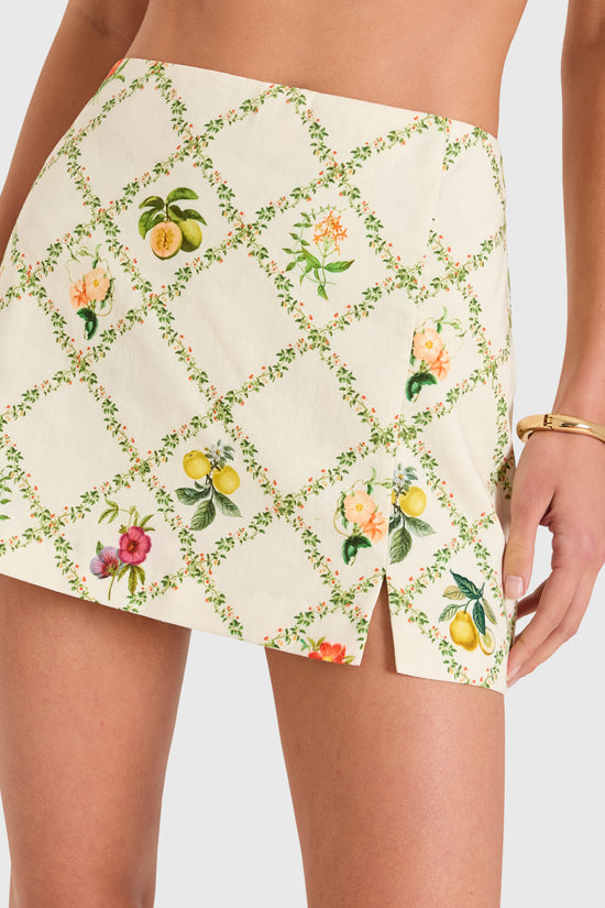 Amanda Uprichard | Dale Skort in Trellis. Model wears a mini skort with floral print against a white backgorund. view 3
