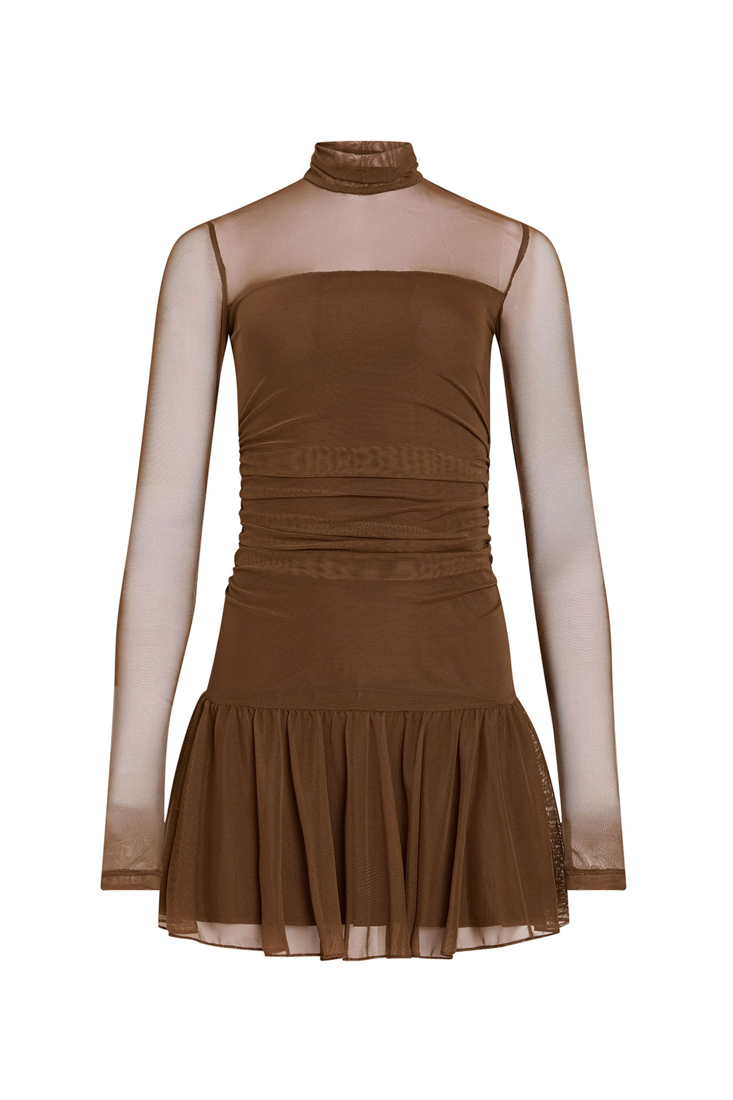Brown dress with sheer sleeves on a white background
