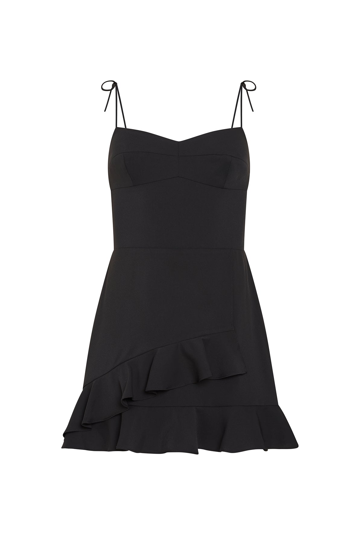 Black dress with ruffled hem on a white background