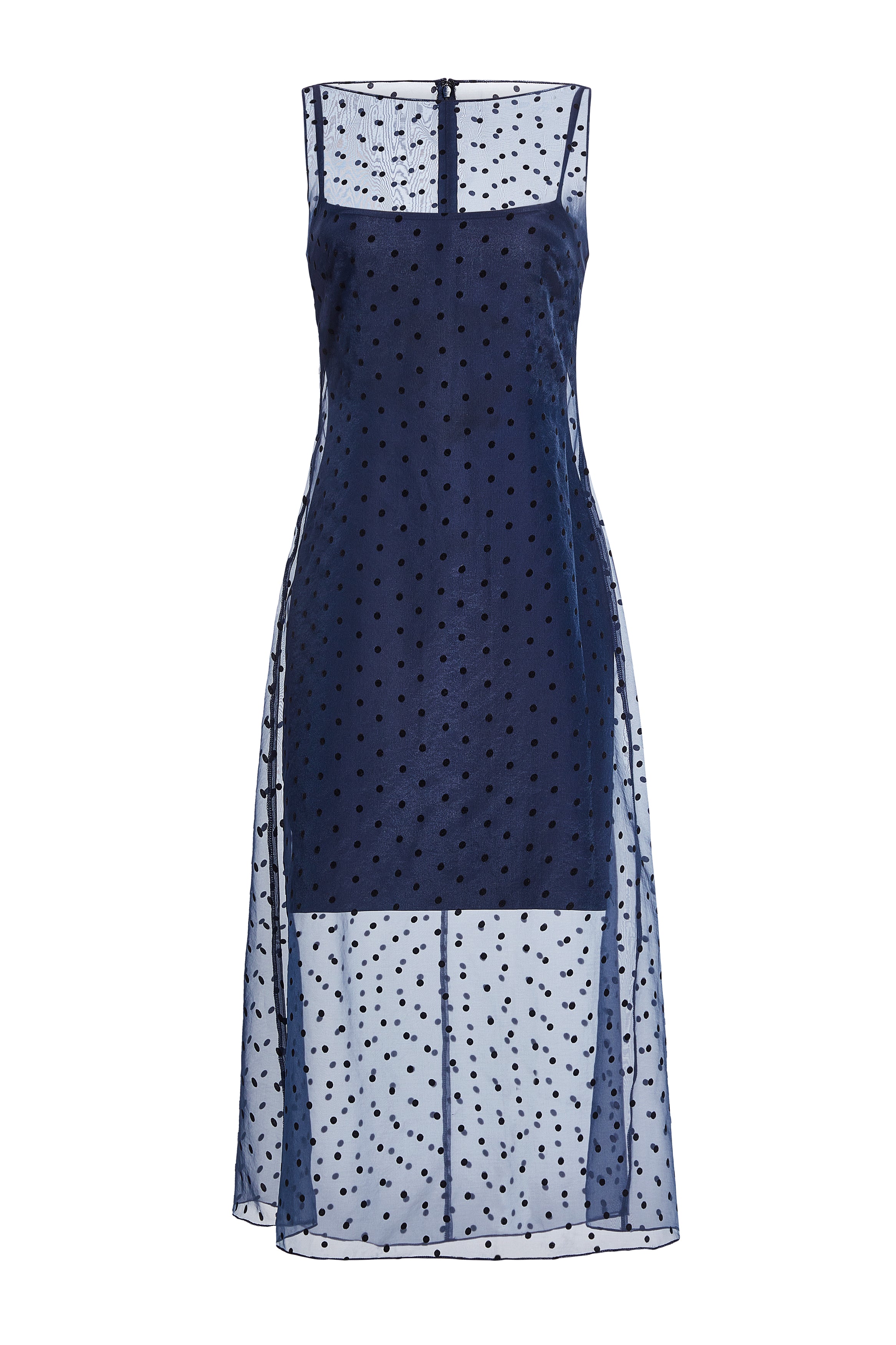 navy slip with sheer polkadot midi overlay on white background