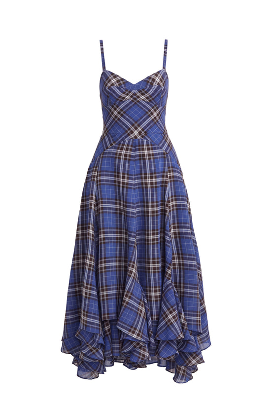 Amanda Uprichard Monterey Dress in Plaid in Navy - shown on invisible mannequin