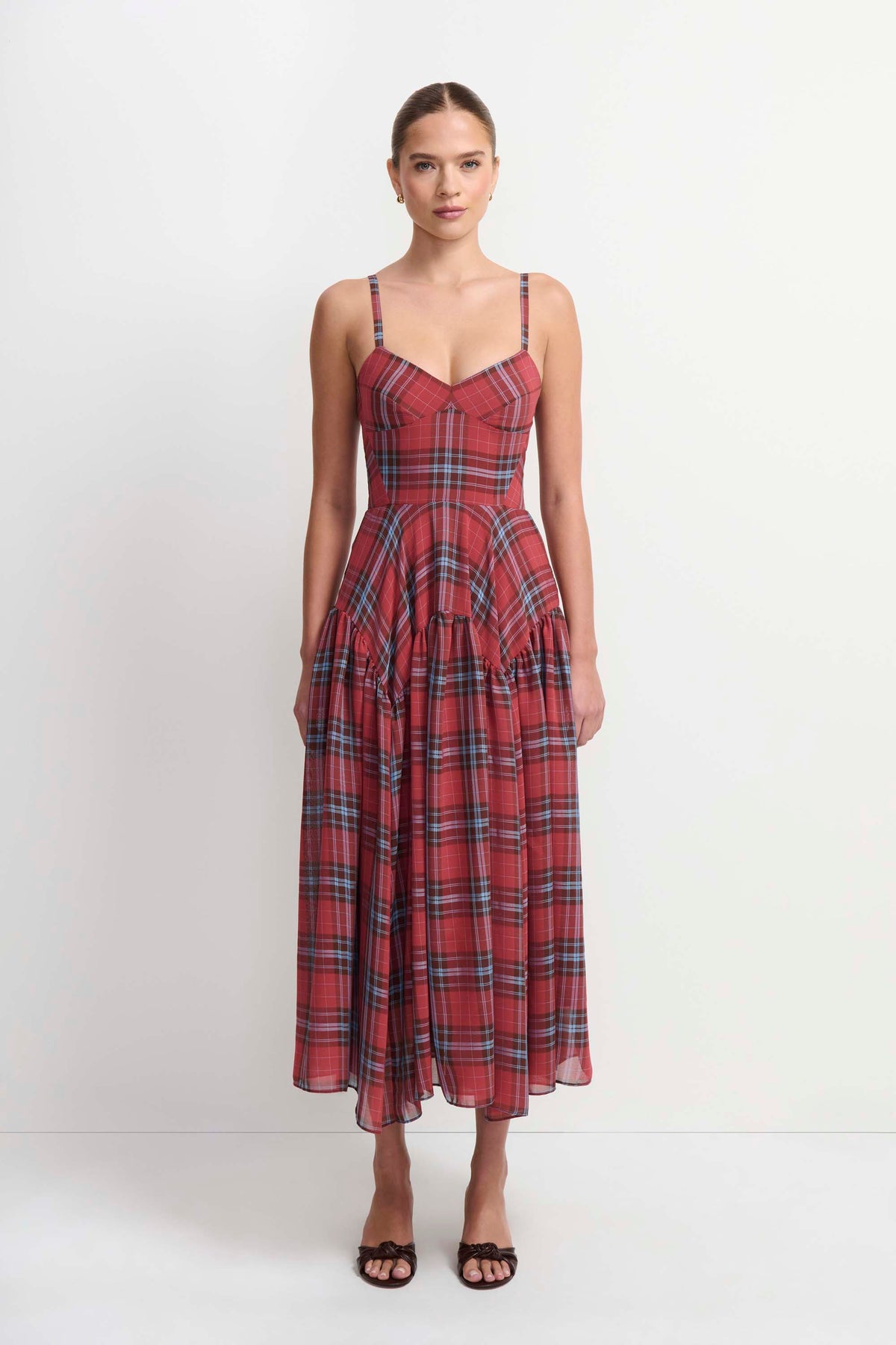 Amanda Uprichard Spencer Midi Dress in Plaid in Red - front view