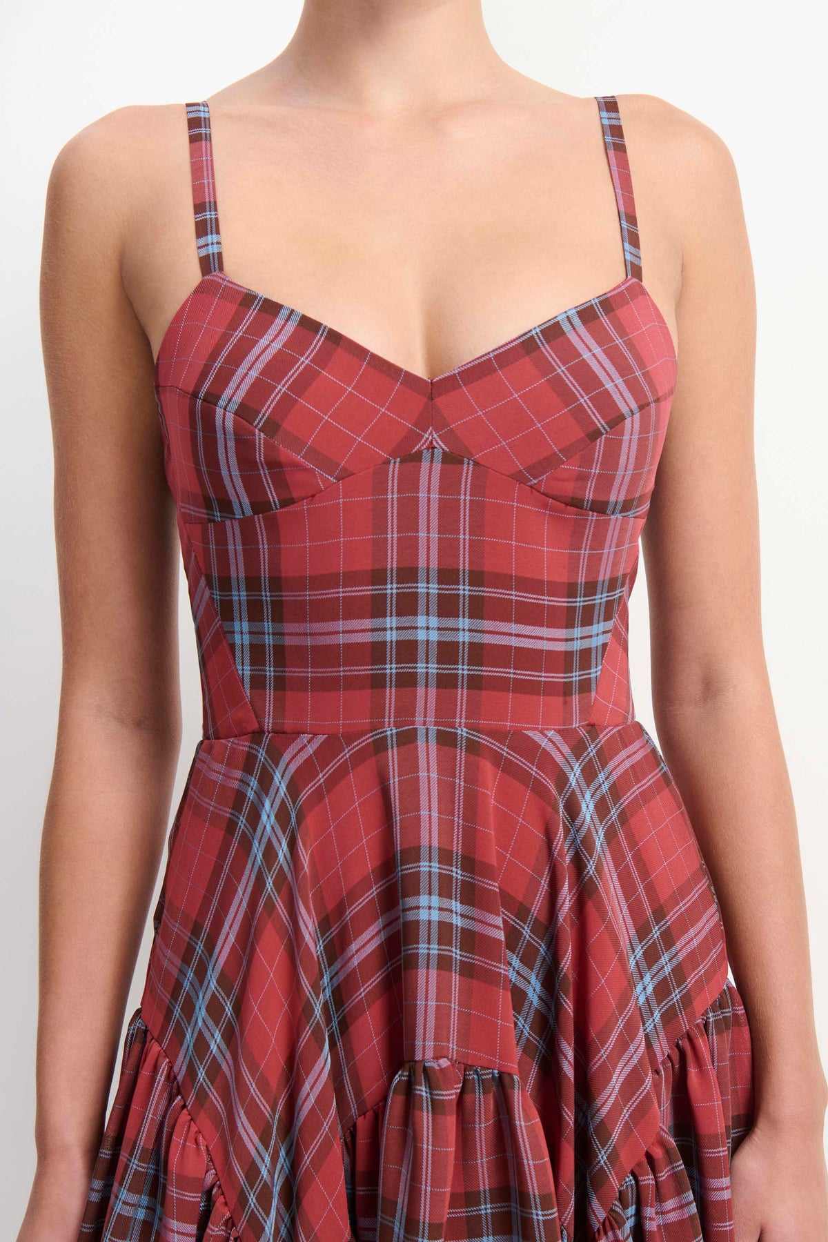 Amanda Uprichard Spencer Midi Dress in Plaid in Red - back view