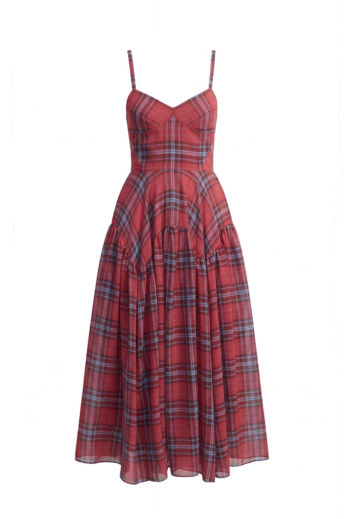 Amanda Uprichard Spencer Midi Dress in Plaid in Red - shown on invisible mannequin