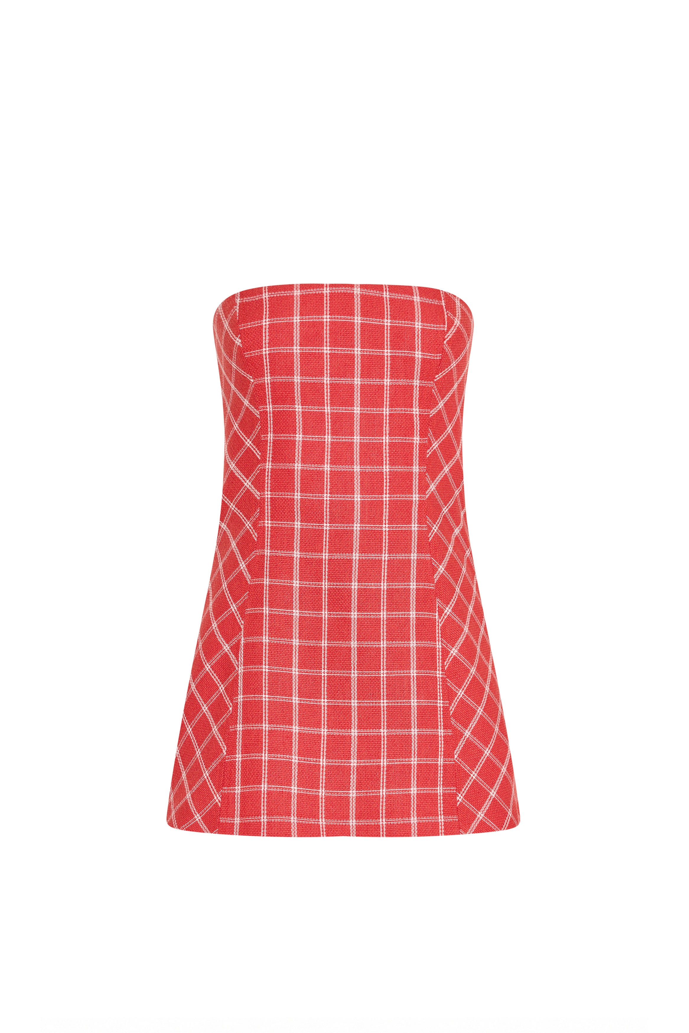 Amanda Uprichard |   Daisy Romper in Mackenzie Plaid. Red and white strapless mini dress against a white backgorund.