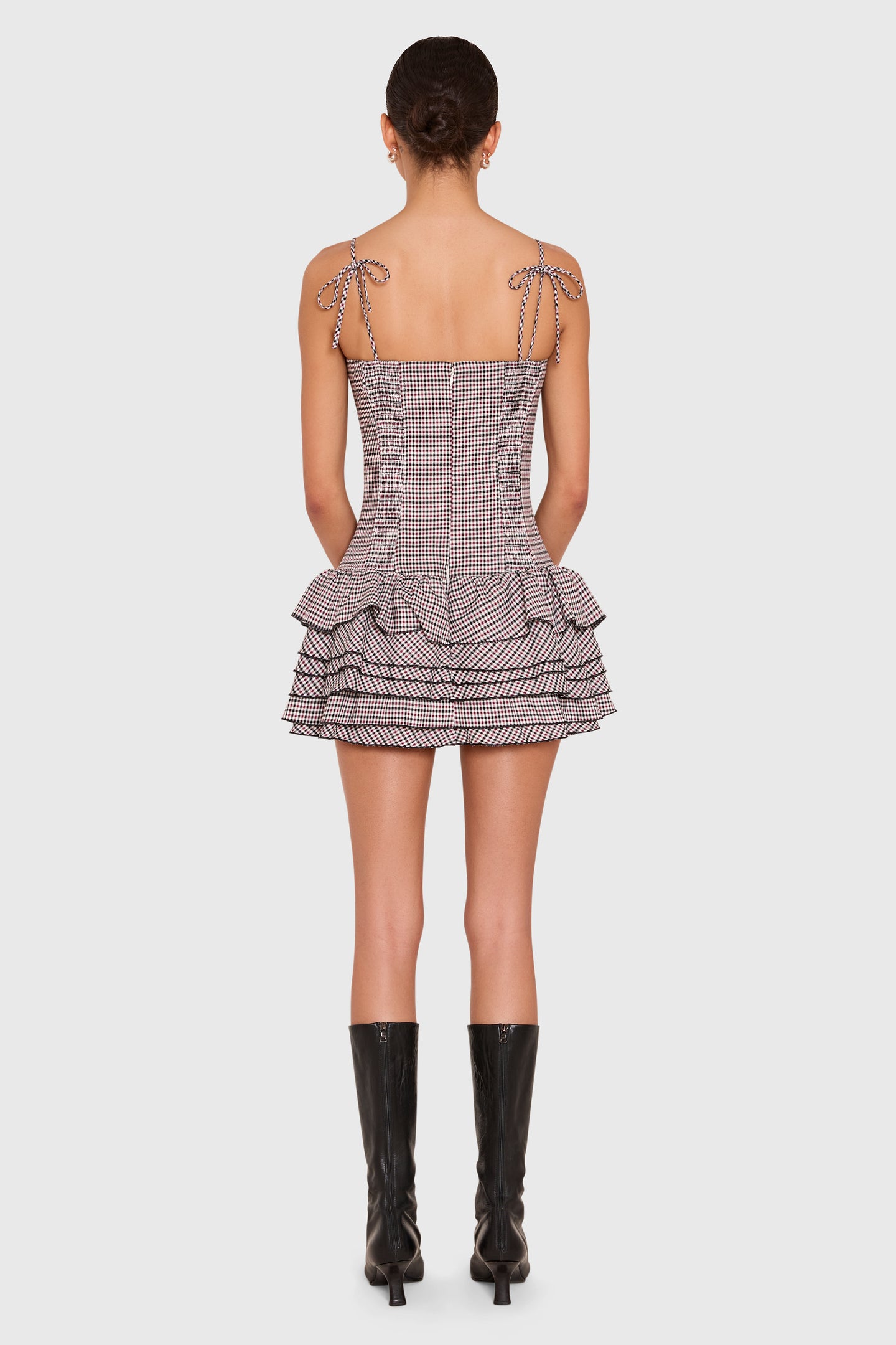 Amanda Uprichard Laureline Romper in Cambridge Plaid - back view