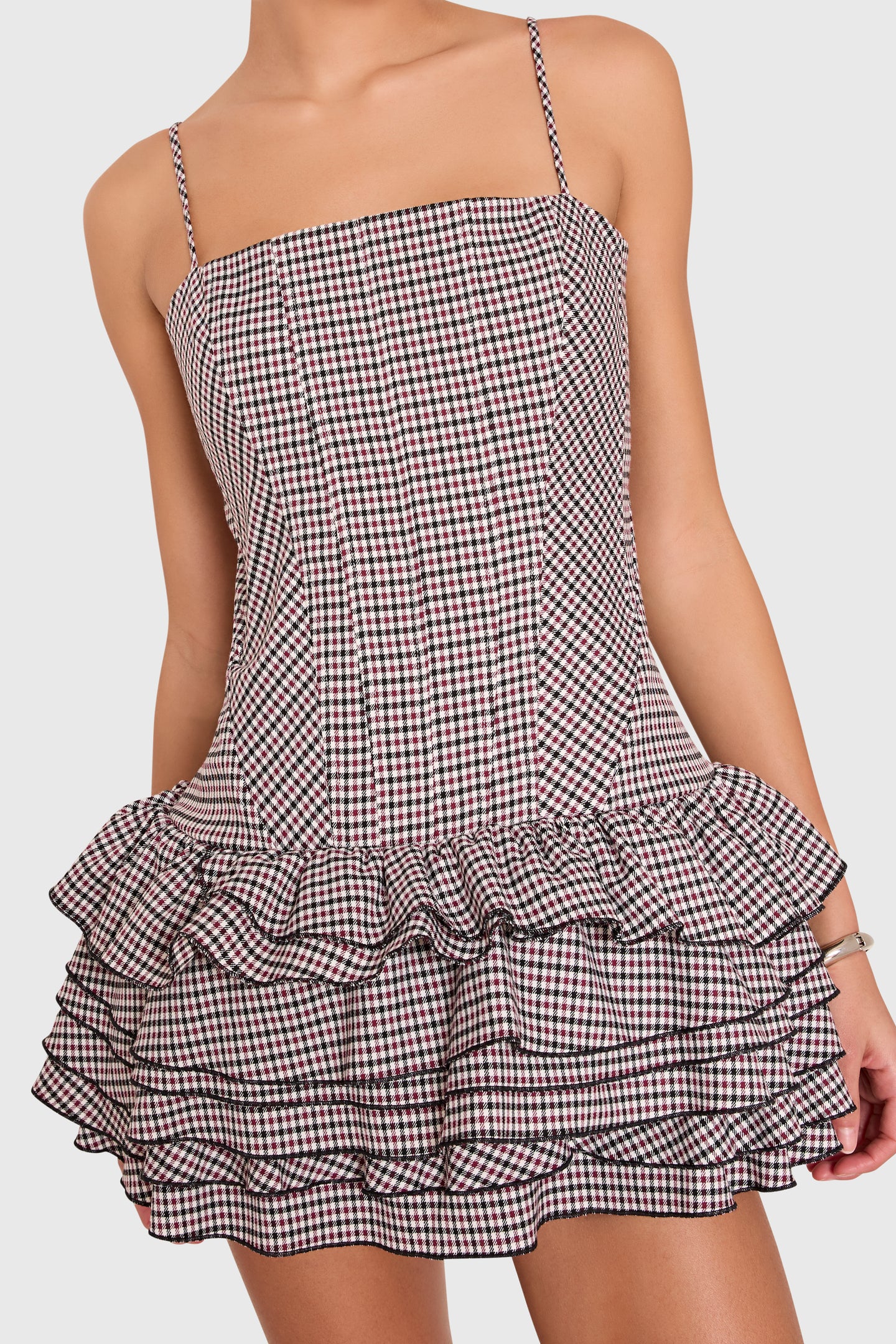 Amanda Uprichard Laureline Romper in Cambridge Plaid - detail view