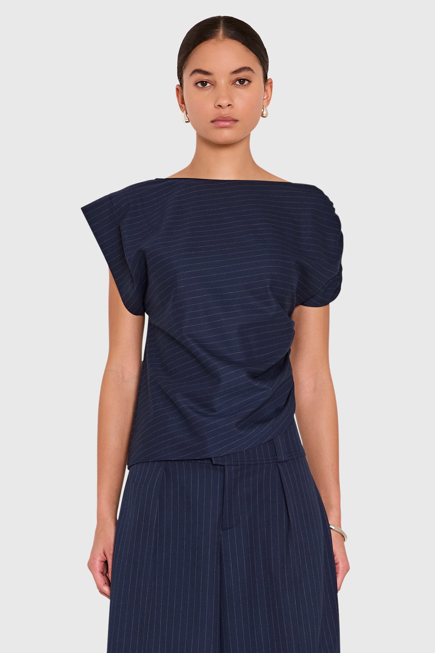 Amanda Uprichard Elroy Top in Manchester Pinstripe - front view