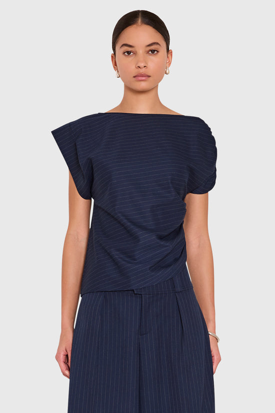 Amanda Uprichard Elroy Top in Manchester Pinstripe - front view